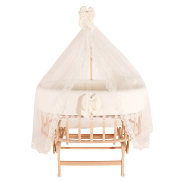Amedan Natural Wooden 0–2 Years Baby Bassinet with Basket and Cream French Lace Bedding Set
