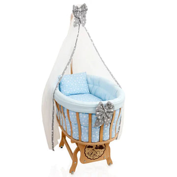 Natural Wooden 0–1 Year Bassinet with Basket and Colorful Bedding Set