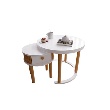 2-Piece Coffee Table Set, White with Drawer, Modern Design, 100% MDF & Varnished Beechwood