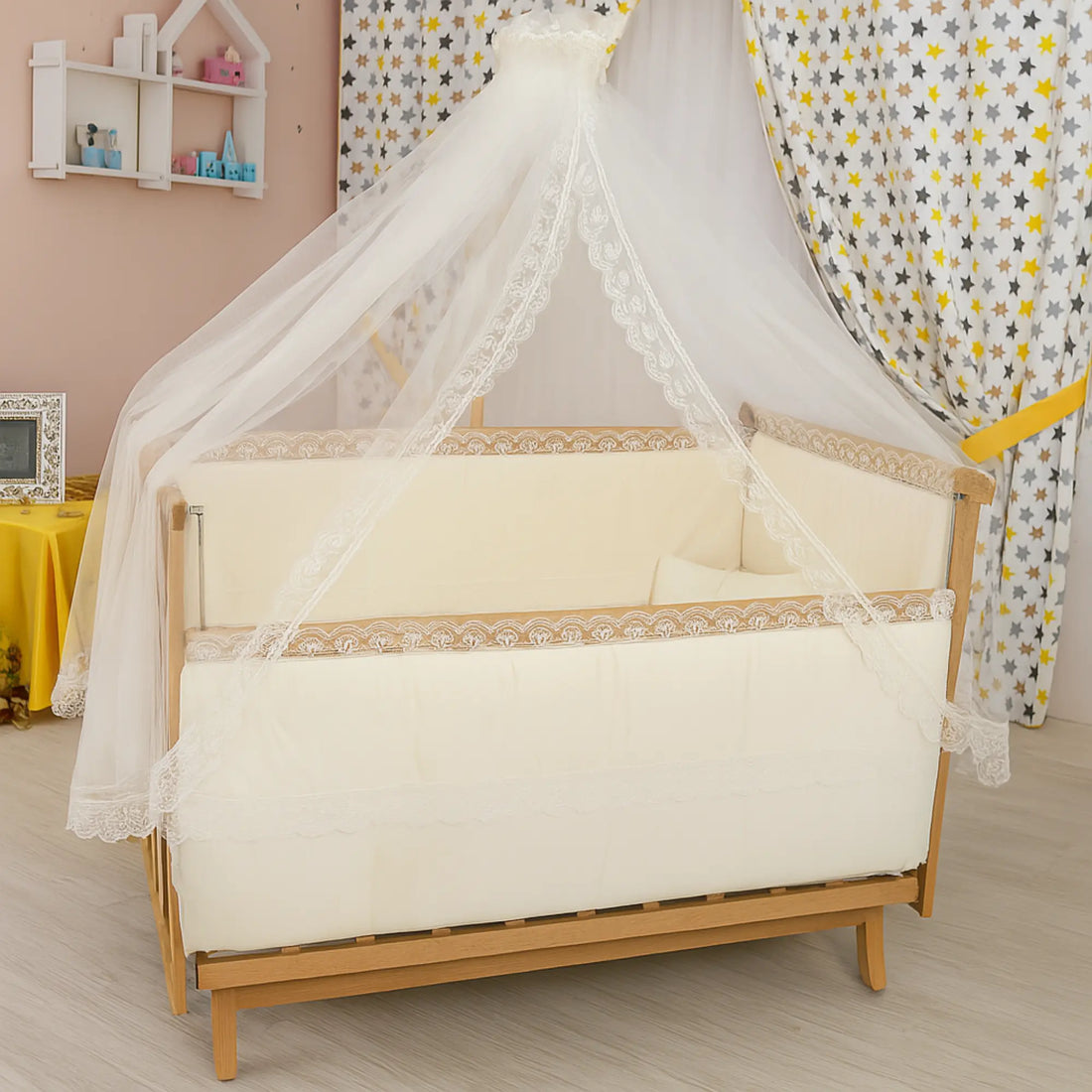 Elyeza Cream French Lace Bedside Crib with Sleep Set – Elegant Comfort for Your Baby