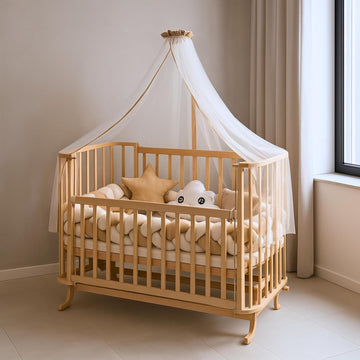 Mabela Knitted Wooden Baby Bassinet with Canopy, Natural Beech Cradle with Rocking & Locking Function, Includes 100% Cotton Bedding Set, 60x120 cm Mattress, Pillow, Bumper, Mosquito Net