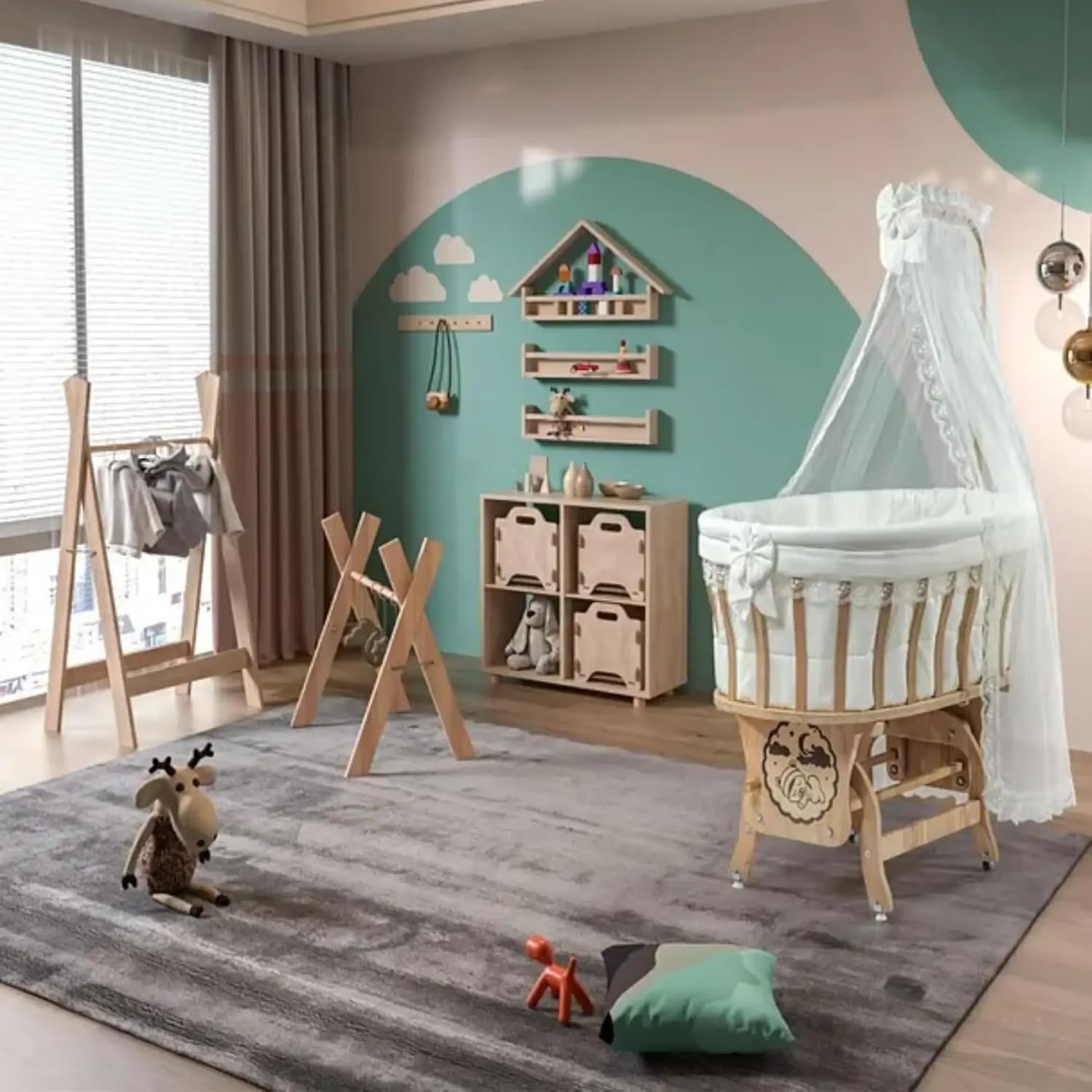 Basket Crib Baby Bassinet with Canopy, Cream French Lace Sleep Set, Natural Beech Wood Cradle with Rocking & Locking Function, Includes Mattress, Bedding, Pillow, Bumper & Mosquito Net (0-12 Months)
