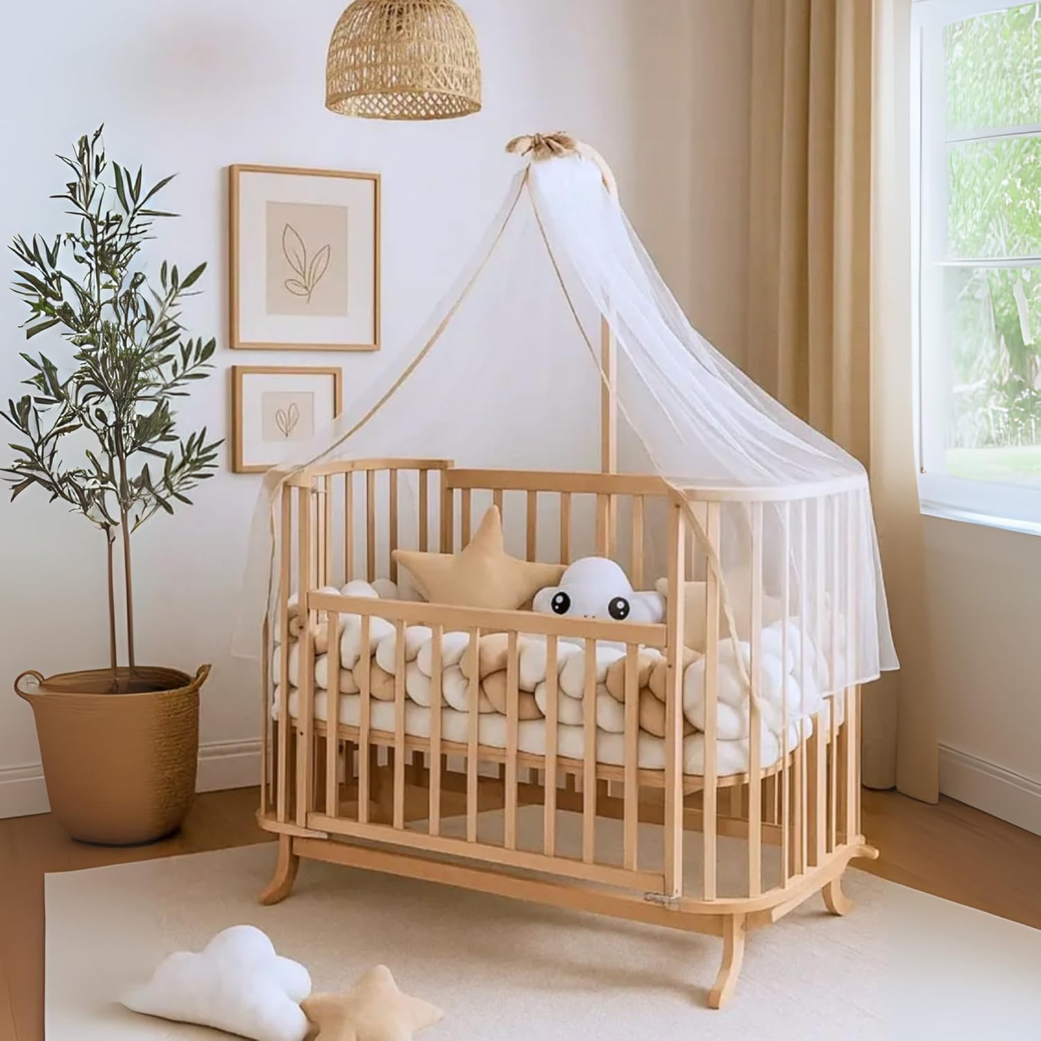 Mabela Knitted Wooden Baby Bassinet with Canopy, Natural Beech Cradle with Rocking & Locking Function, Includes 100% Cotton Bedding Set, 60x120 cm Mattress, Pillow, Bumper, Mosquito Net