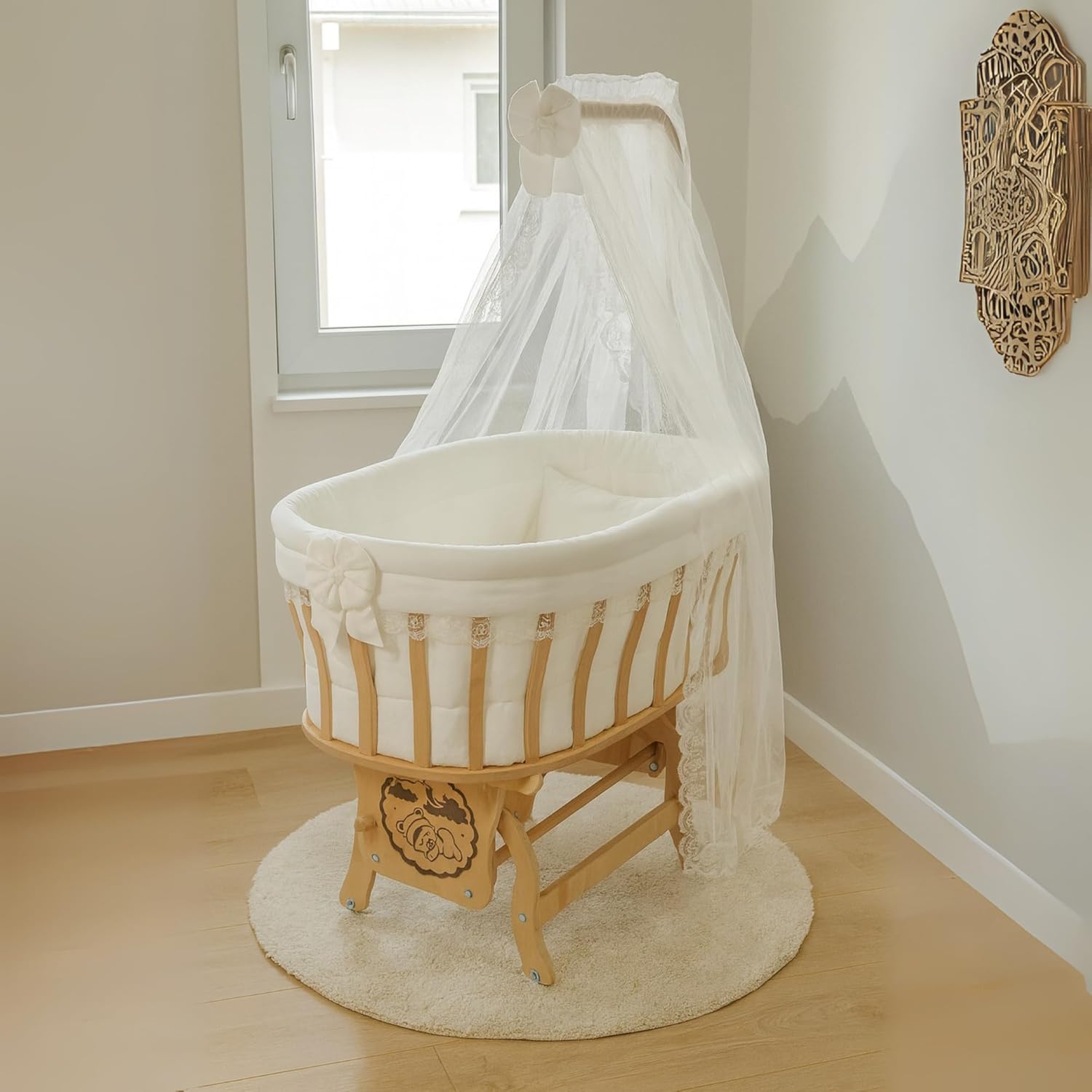 Basket Crib Baby Bassinet with Canopy, Cream French Lace Sleep Set, Natural Beech Wood Cradle with Rocking & Locking Function, Includes Mattress, Bedding, Pillow, Bumper & Mosquito Net (0-12 Months)