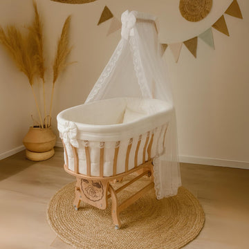 Basket Crib Baby Bassinet with Canopy, Cream French Lace Sleep Set, Natural Beech Wood Cradle with Rocking & Locking Function, Includes Mattress, Bedding, Pillow, Bumper & Mosquito Net (0-12 Months)
