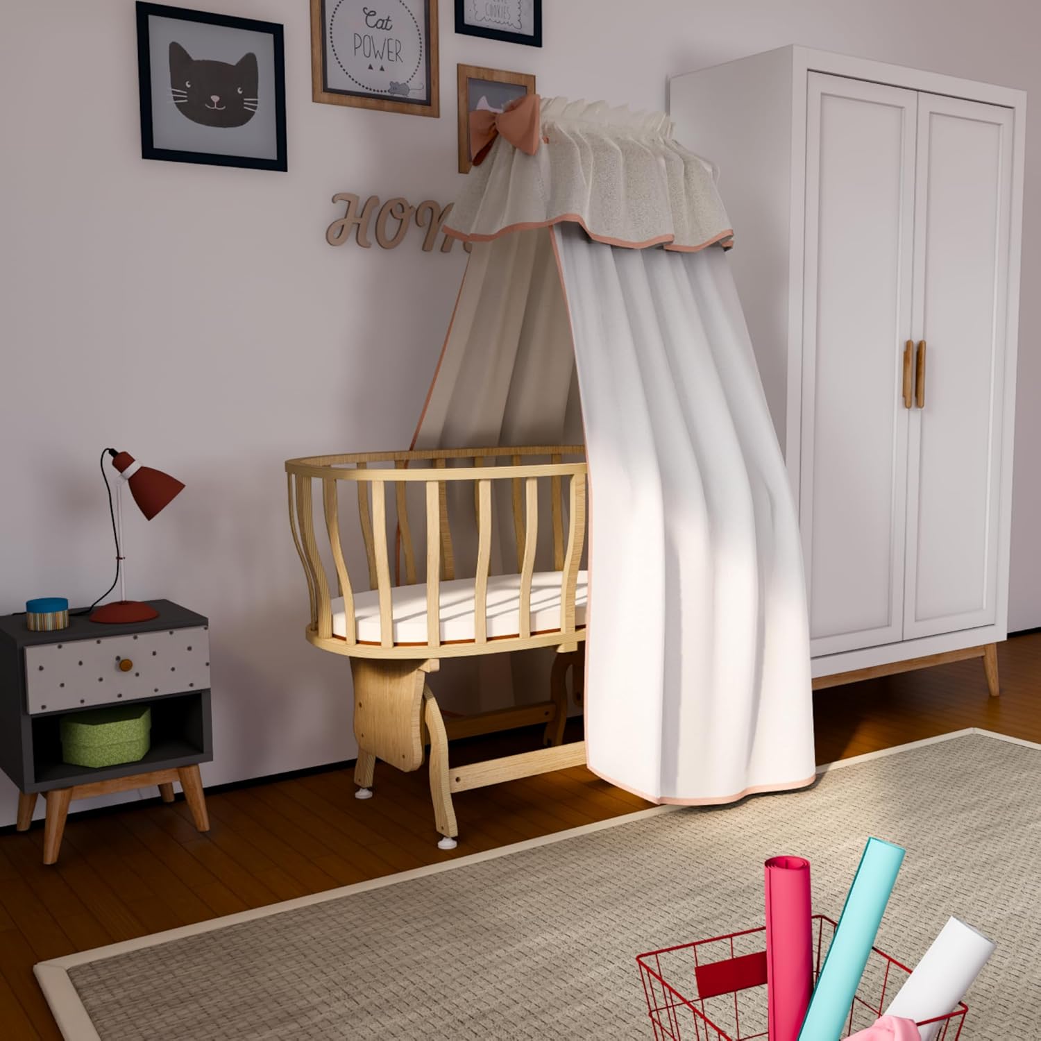 Basket Crib Baby Bassinet with Canopy, Cream French Lace Sleep Set, Natural Beech Wood Cradle with Rocking & Locking Function, Includes Mattress, Bedding, Pillow, Bumper & Mosquito Net (0-12 Months)