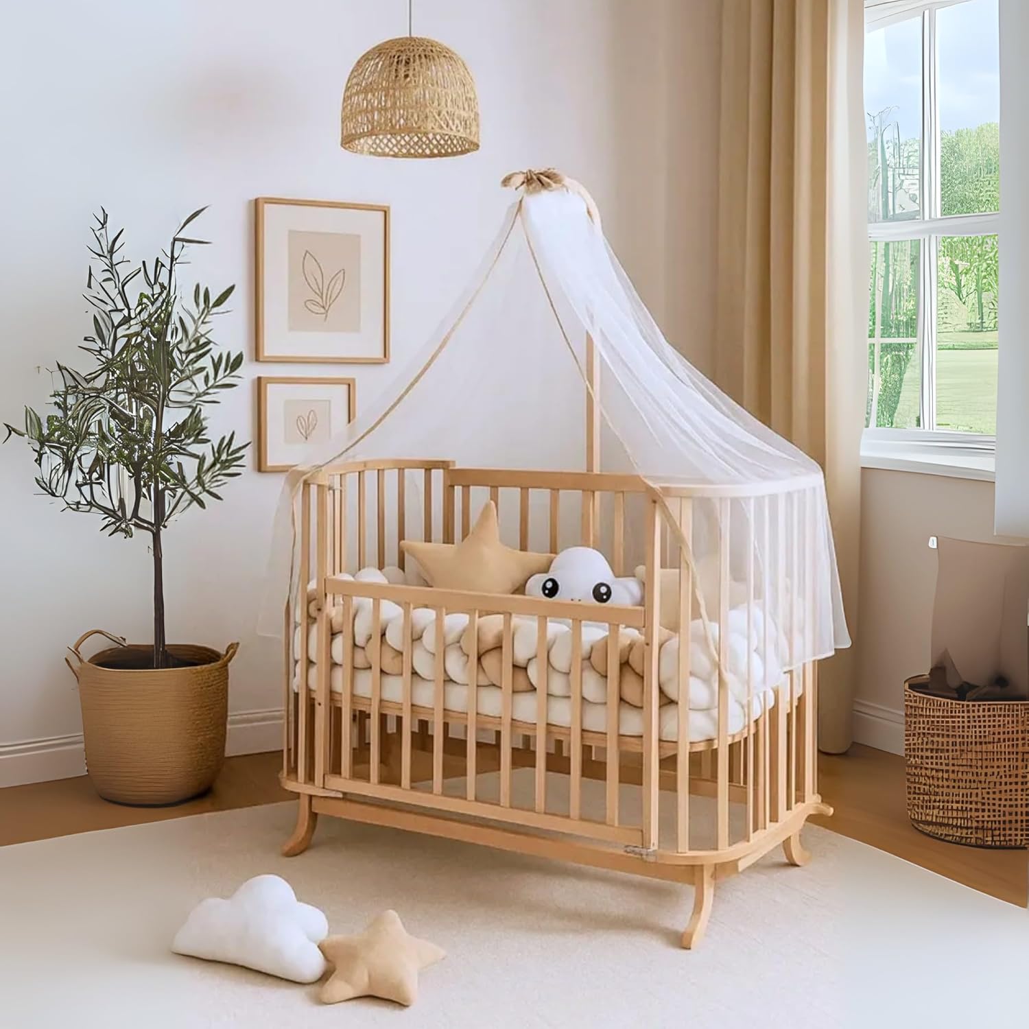 Mabela Knitted Wooden Baby Bassinet with Canopy, Natural Beech Cradle with Rocking & Locking Function, Includes 100% Cotton Bedding Set, 60x120 cm Mattress, Pillow, Bumper, Mosquito Net