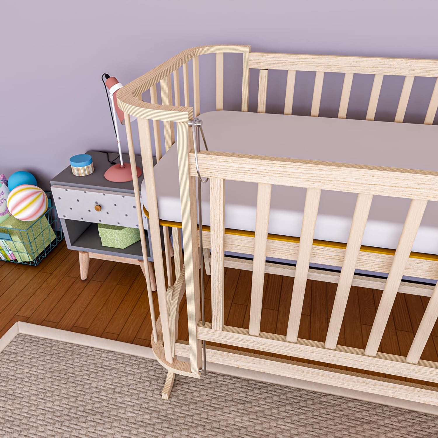 Mabela Knitted Wooden Baby Bassinet with Canopy, Natural Beech Cradle with Rocking & Locking Function, Includes 100% Cotton Bedding Set, 60x120 cm Mattress, Pillow, Bumper, Mosquito Net