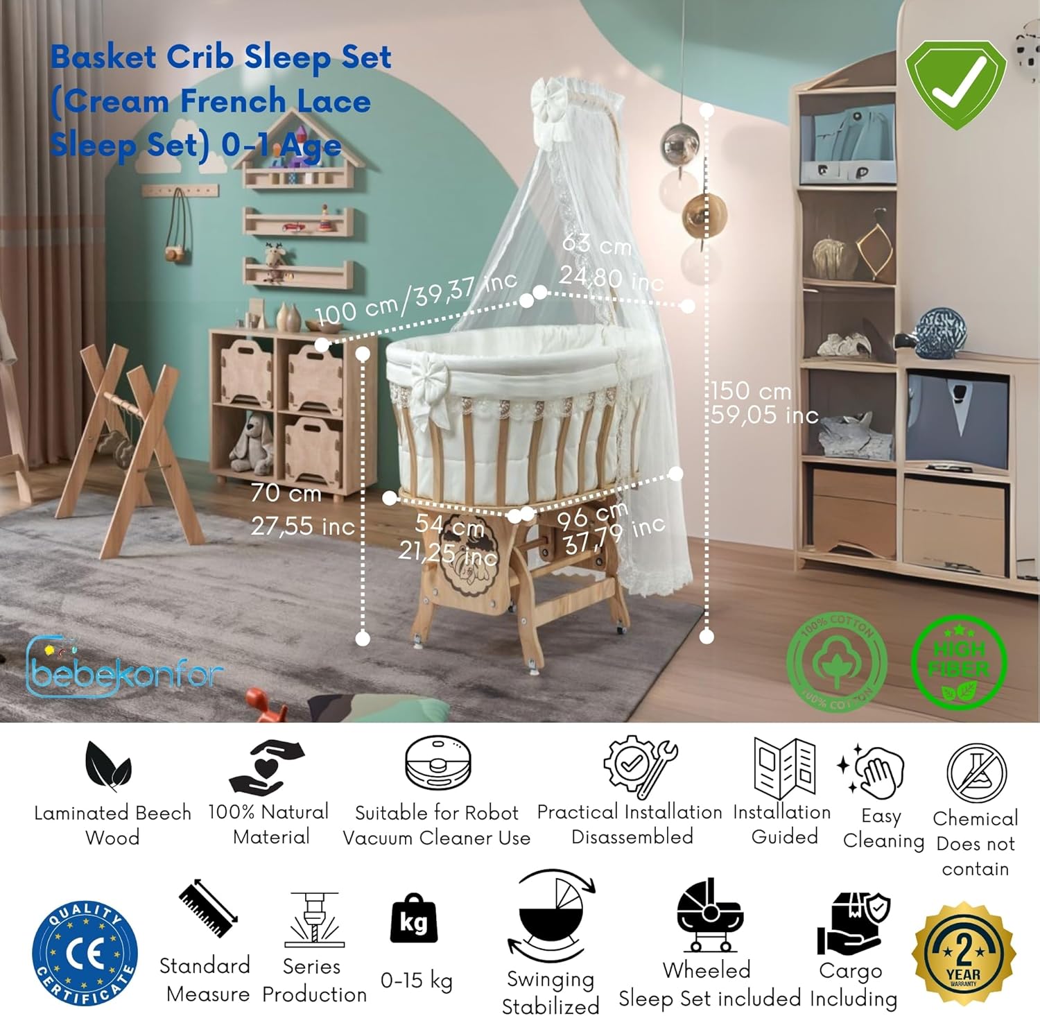 Basket Crib Baby Bassinet with Canopy, Cream French Lace Sleep Set, Natural Beech Wood Cradle with Rocking & Locking Function, Includes Mattress, Bedding, Pillow, Bumper & Mosquito Net (0-12 Months)