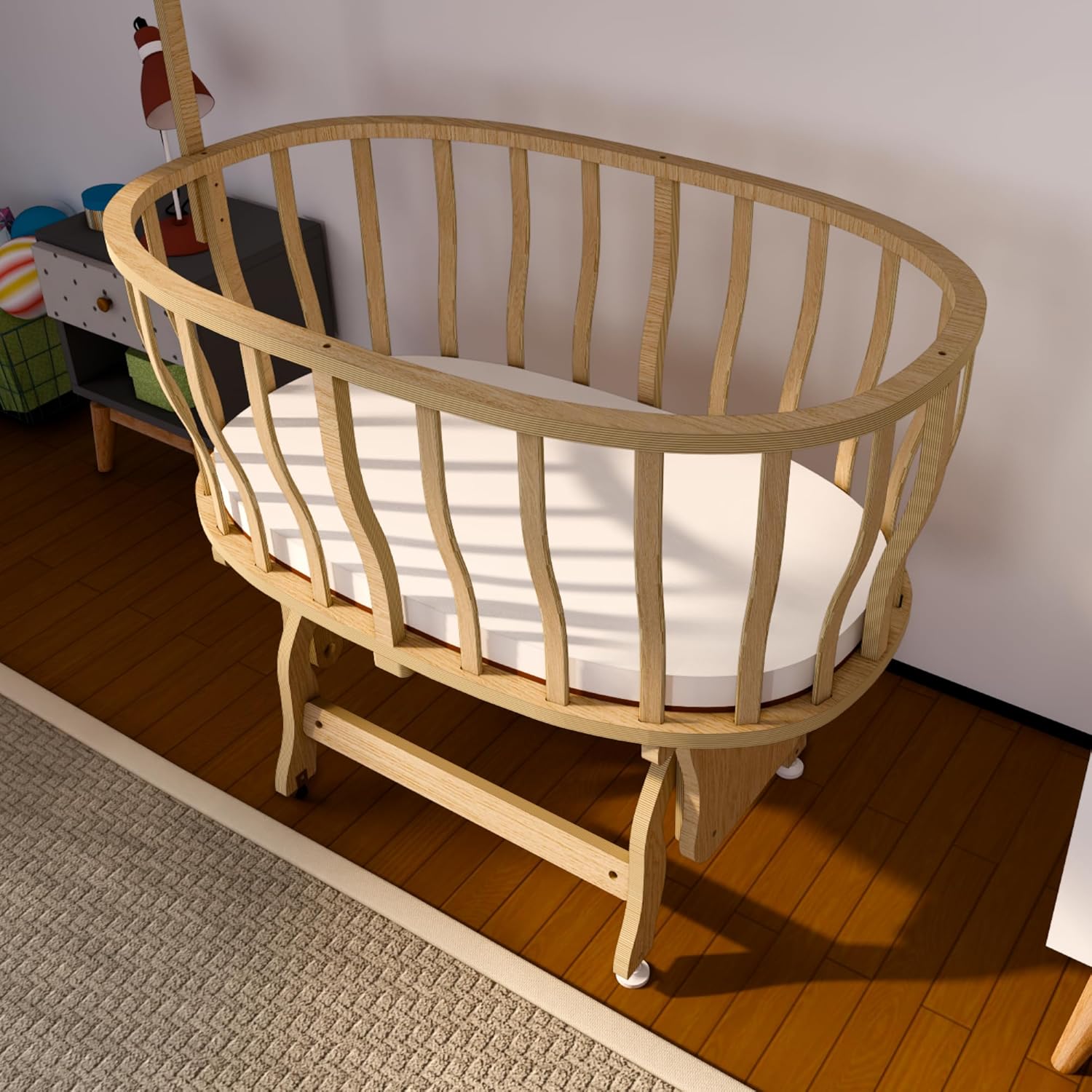 Basket Crib Baby Bassinet with Canopy, Cream French Lace Sleep Set, Natural Beech Wood Cradle with Rocking & Locking Function, Includes Mattress, Bedding, Pillow, Bumper & Mosquito Net (0-12 Months)
