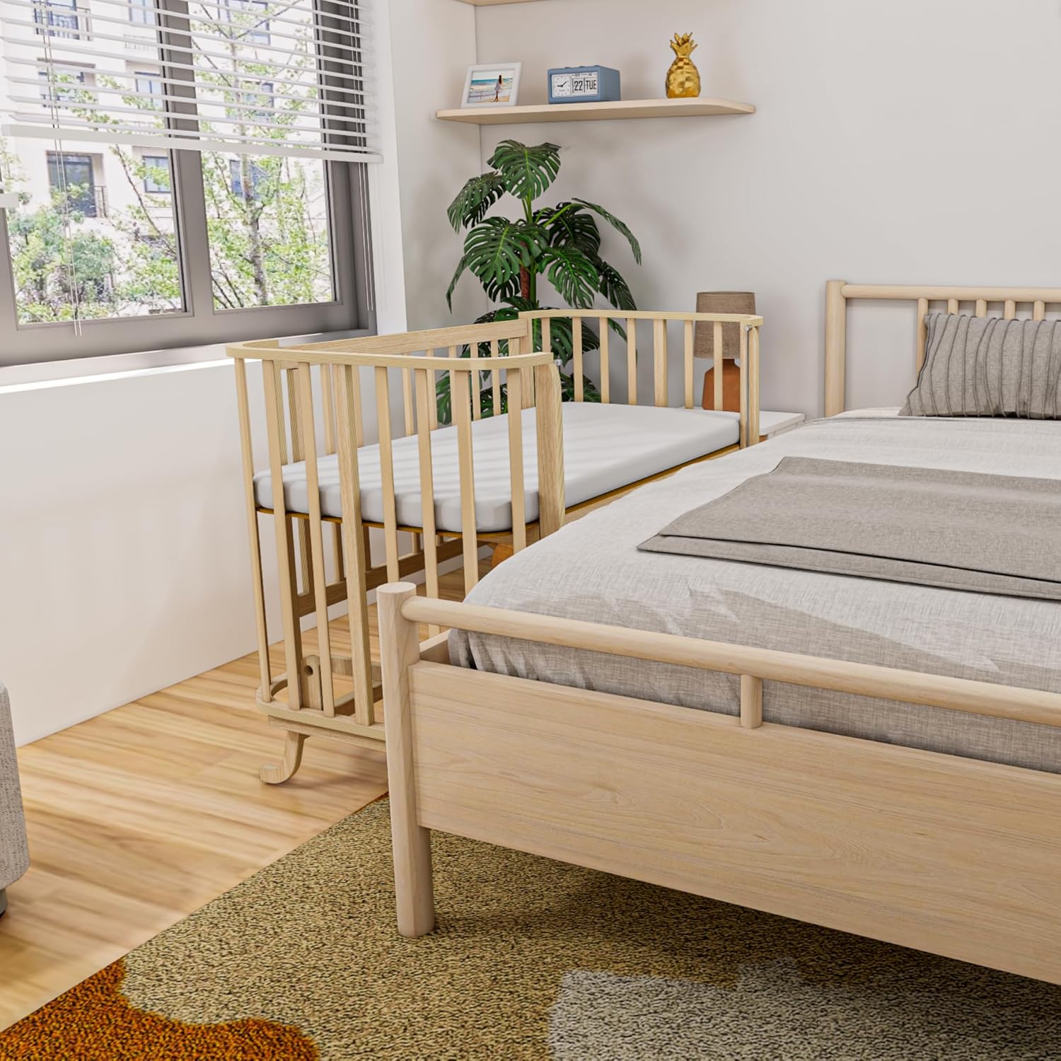Mabela Knitted Wooden Baby Bassinet with Canopy, Natural Beech Cradle with Rocking & Locking Function, Includes 100% Cotton Bedding Set, 60x120 cm Mattress, Pillow, Bumper, Mosquito Net