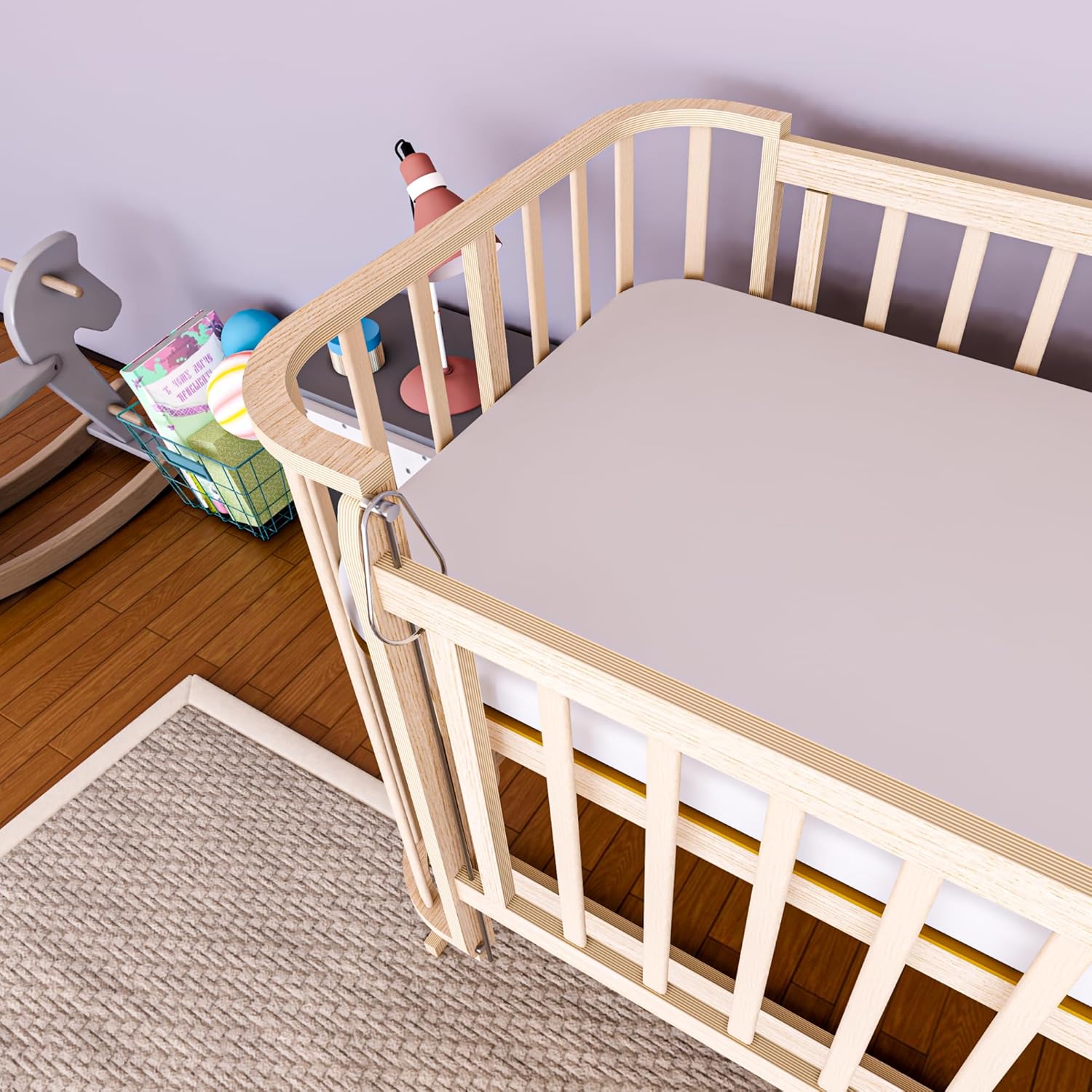 Mabela Knitted Wooden Baby Bassinet with Canopy, Natural Beech Cradle with Rocking & Locking Function, Includes 100% Cotton Bedding Set, 60x120 cm Mattress, Pillow, Bumper, Mosquito Net