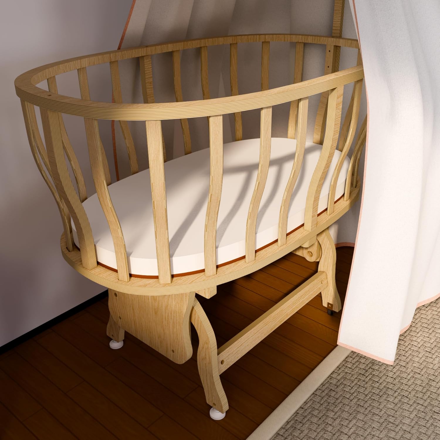 Basket Crib Baby Bassinet with Canopy, Cream French Lace Sleep Set, Natural Beech Wood Cradle with Rocking & Locking Function, Includes Mattress, Bedding, Pillow, Bumper & Mosquito Net (0-12 Months)