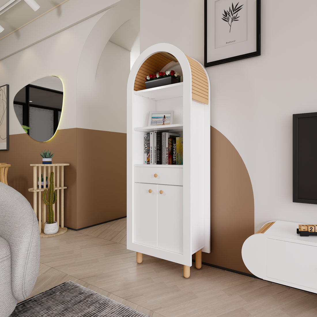 Berlin E Series Arched Display Cabinet, Bookshelf | 170cm Height, Drawer & Doors, MDF & Beech Wood