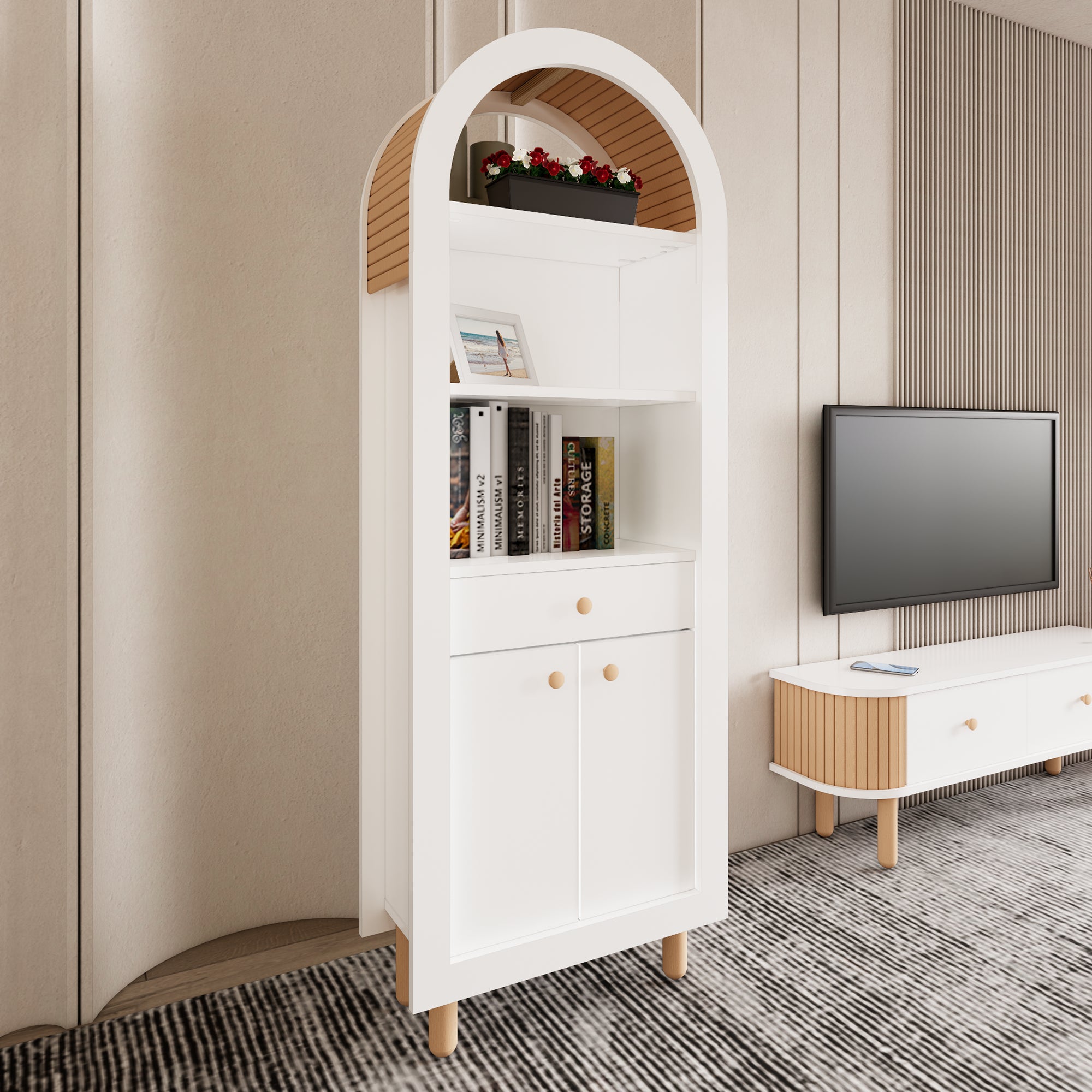 Berlin E Series Arched Display Cabinet, Bookshelf | 170cm Height, Drawer & Doors, MDF & Beech Wood