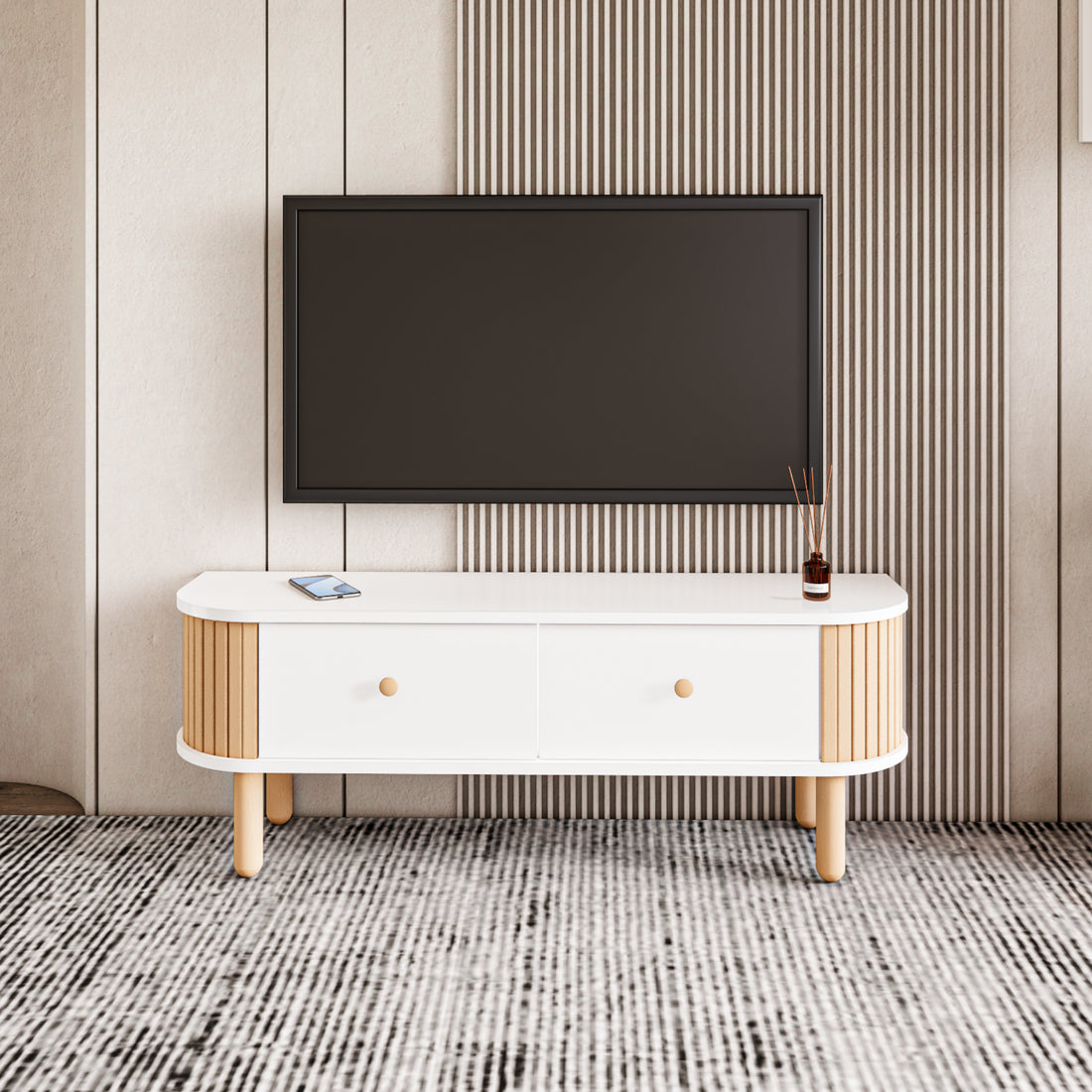 Berlin Modern Boho TV Stand | 120x40cm Premium MDF & Beech Wood Media Console