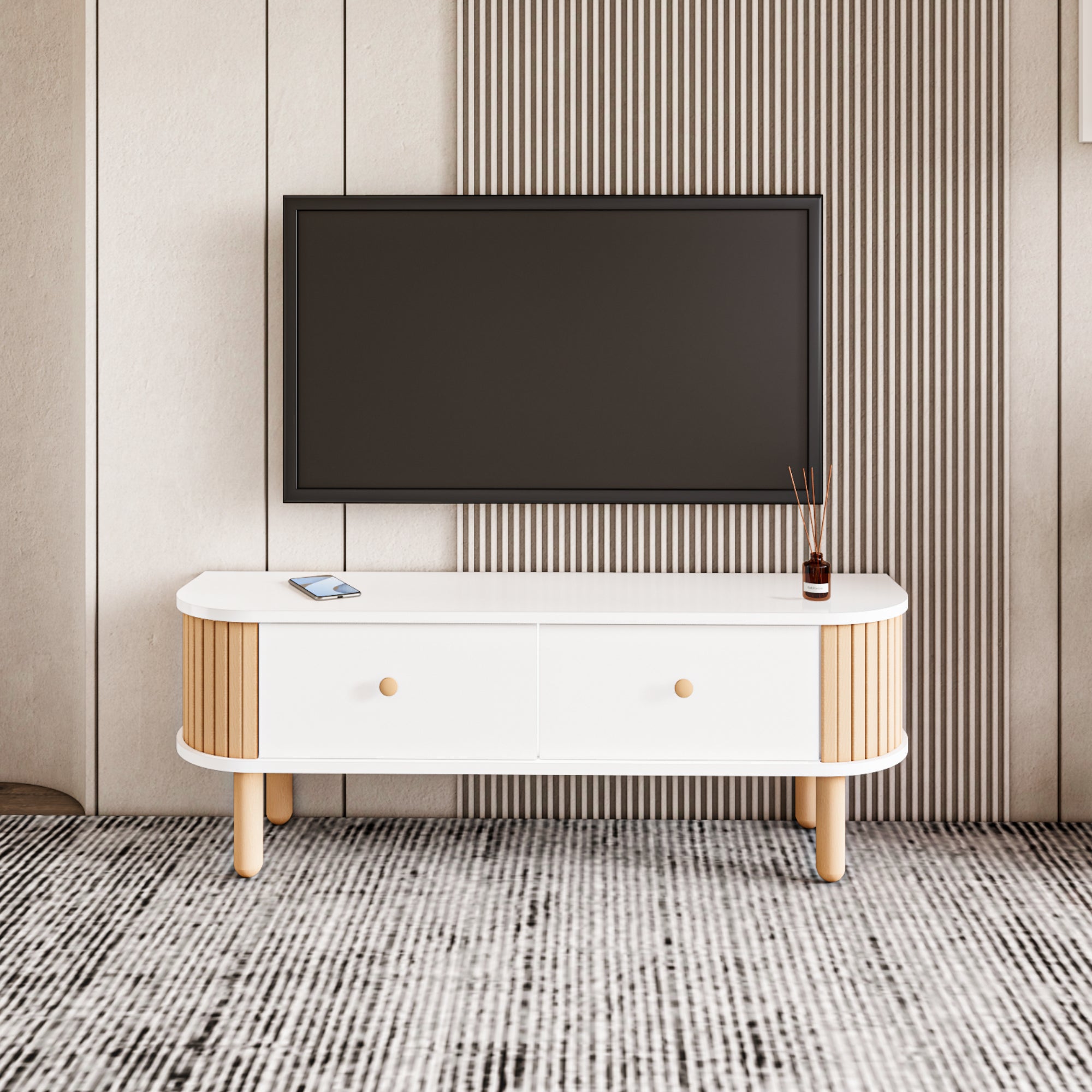 Berlin Moderner Boho TV-Ständer | 120x40cm Premium MDF &amp; Buchenholz Medienkonsole