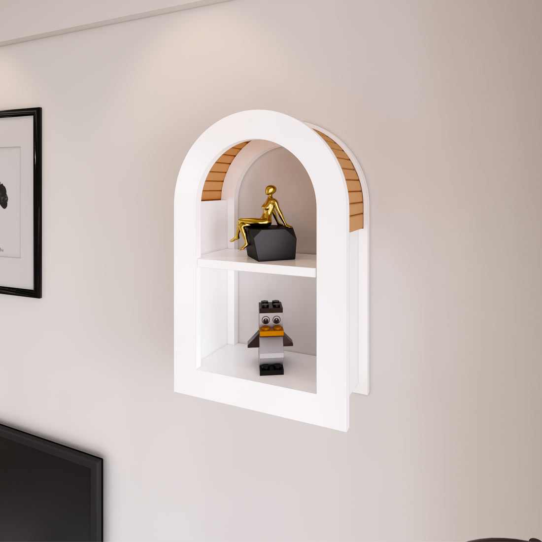 Bohemian Curved Wall Shelf | 40x62x17cm Weltwood E Series White MDF & Beech Wood Floating Shelf