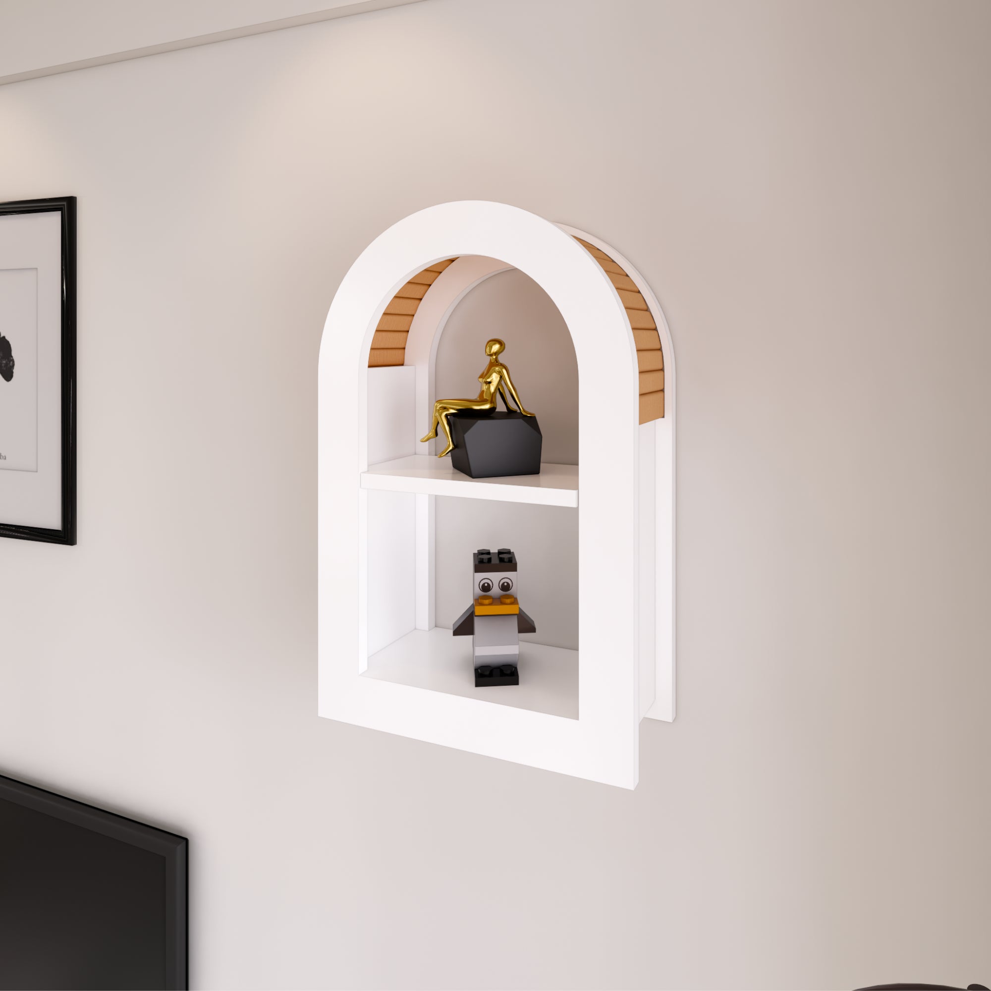 Bohemian Curved Wall Shelf | 40x62x17cm Weltwood E Series White MDF & Beech Wood Floating Shelf