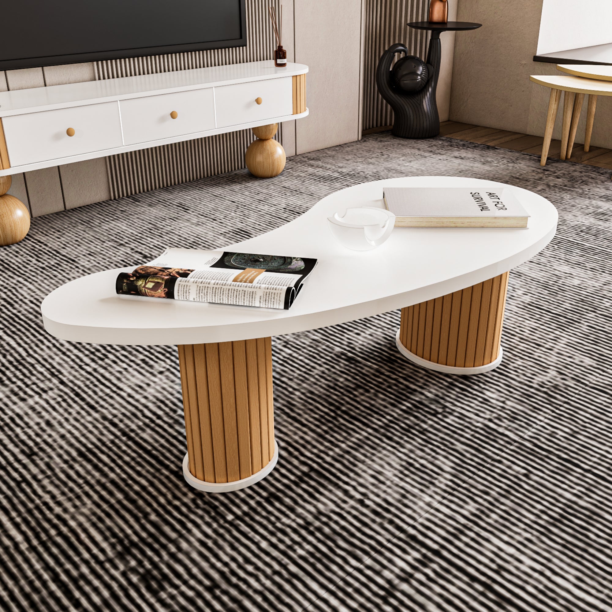 Damla Coffee Table | Modern Bohemian Design, 118x65x43cm White MDF & Beech Wood Legs