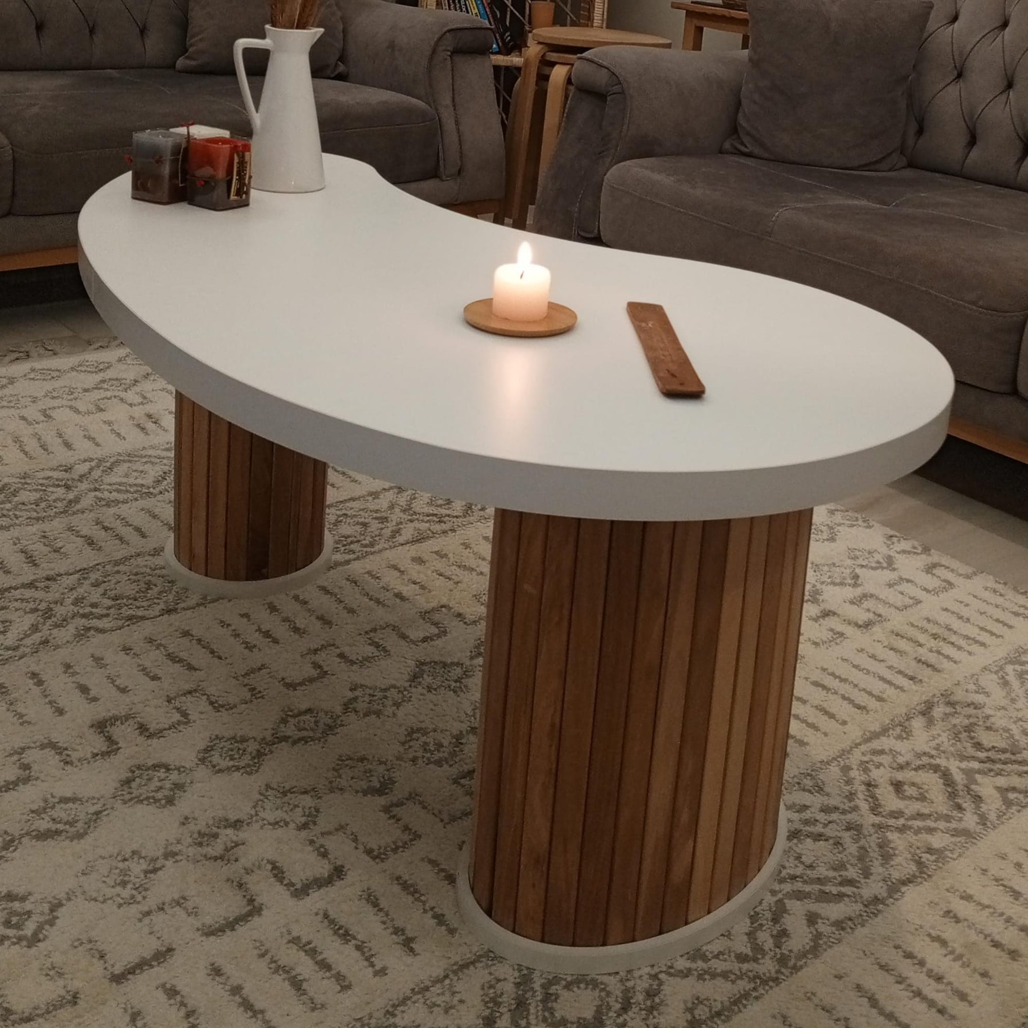 Damla Coffee Table | Modern Bohemian Design, 118x65x43cm White MDF & Beech Wood Legs