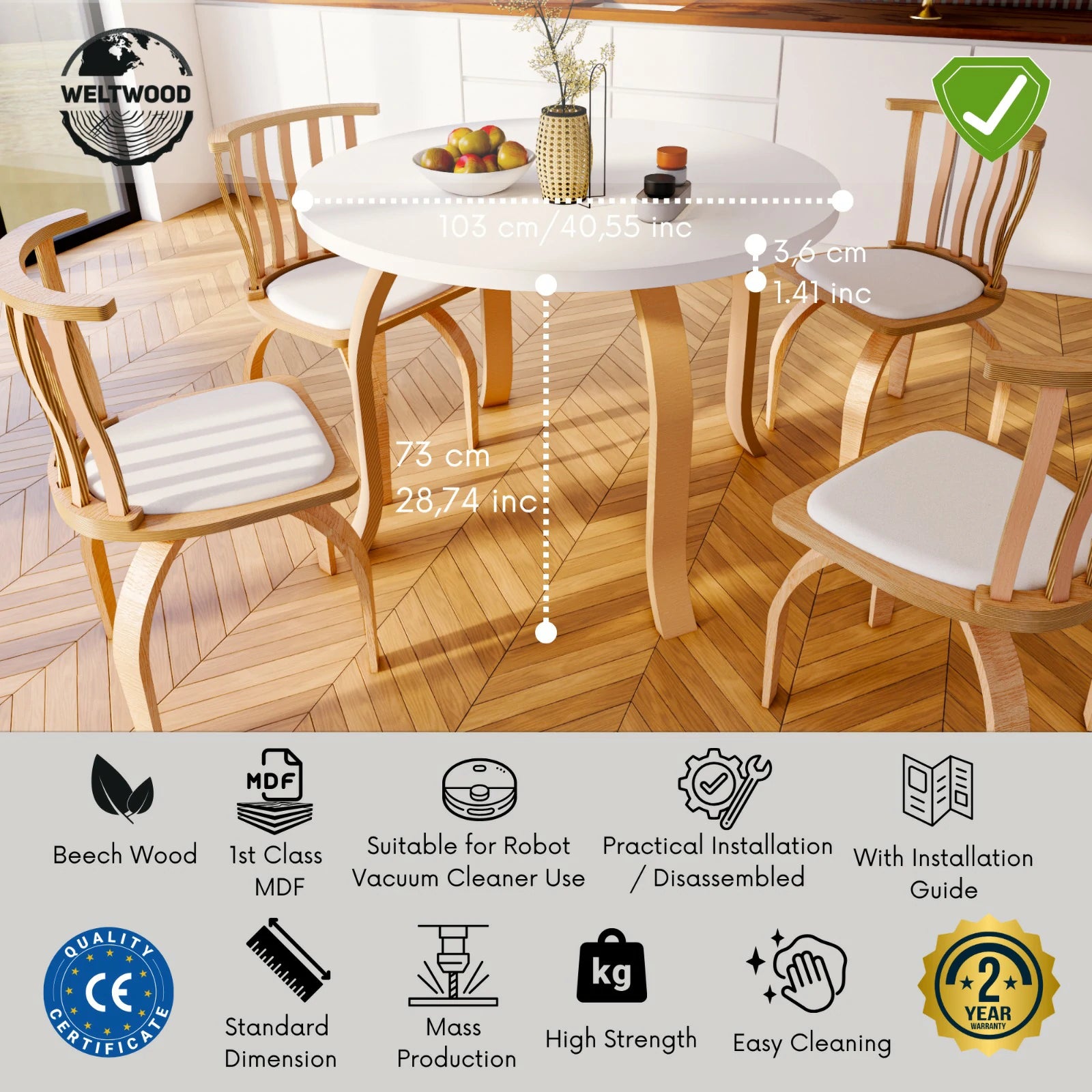Weltwood Bohemian Butterfly Round Dining Table | 4-Person, 36mm MDF Top & Beech Wood