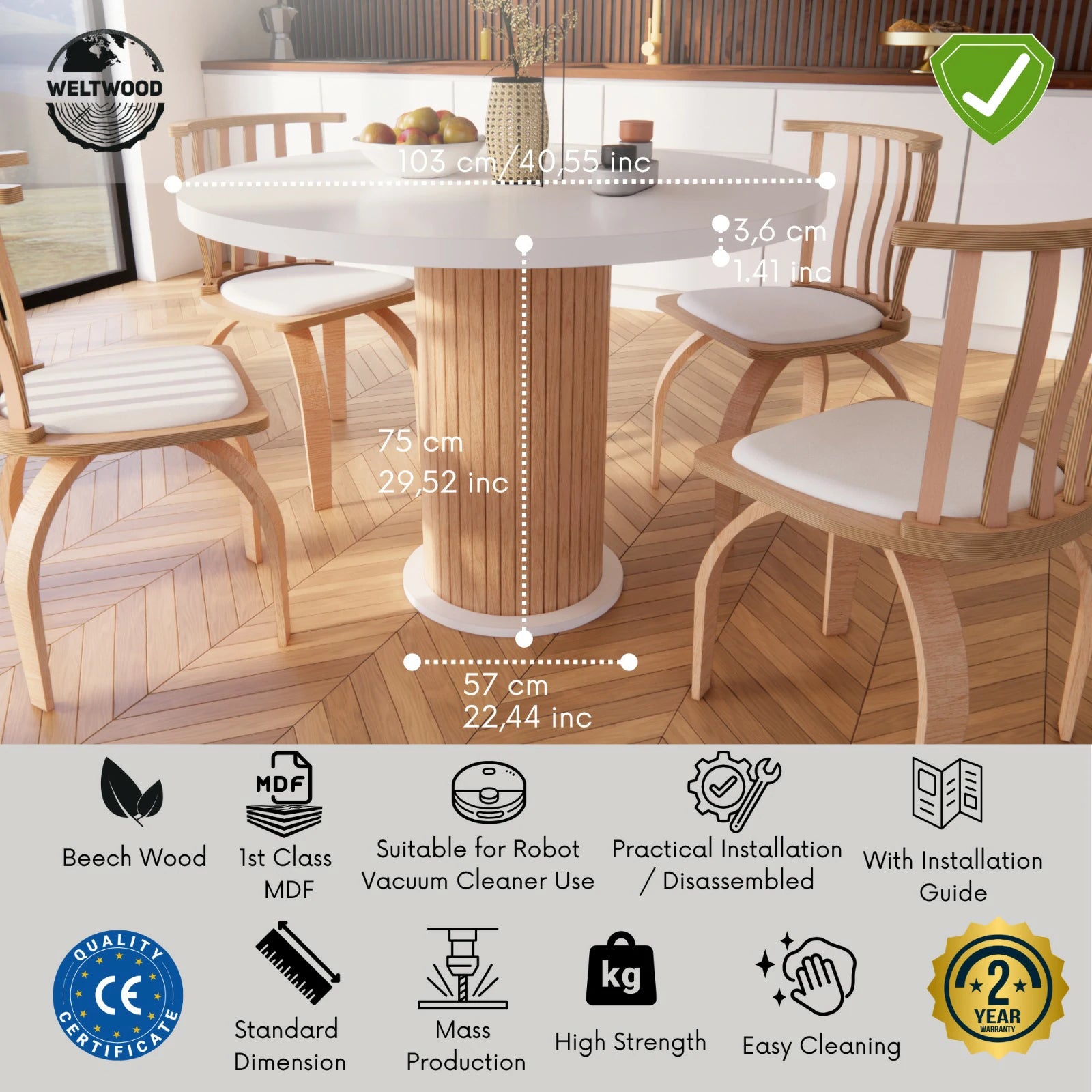 Weltwood Bohemian Round Dining Table | 4-Person, 36mm MDF Top & Beech Wood