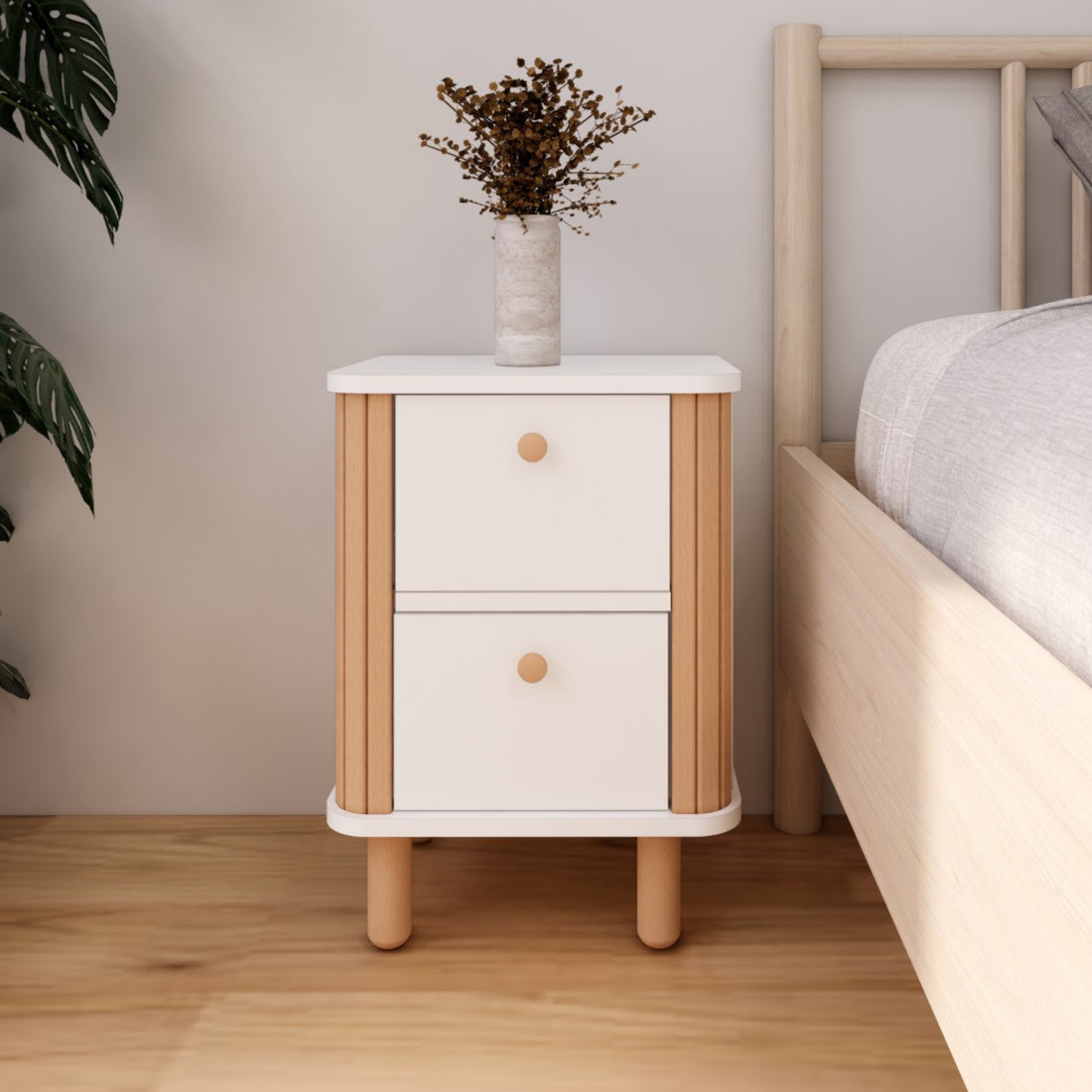 French Bohemian Nightstand | MDF & Beech Wood, 2-Drawer Modern Side Table | 42x46x62 cm