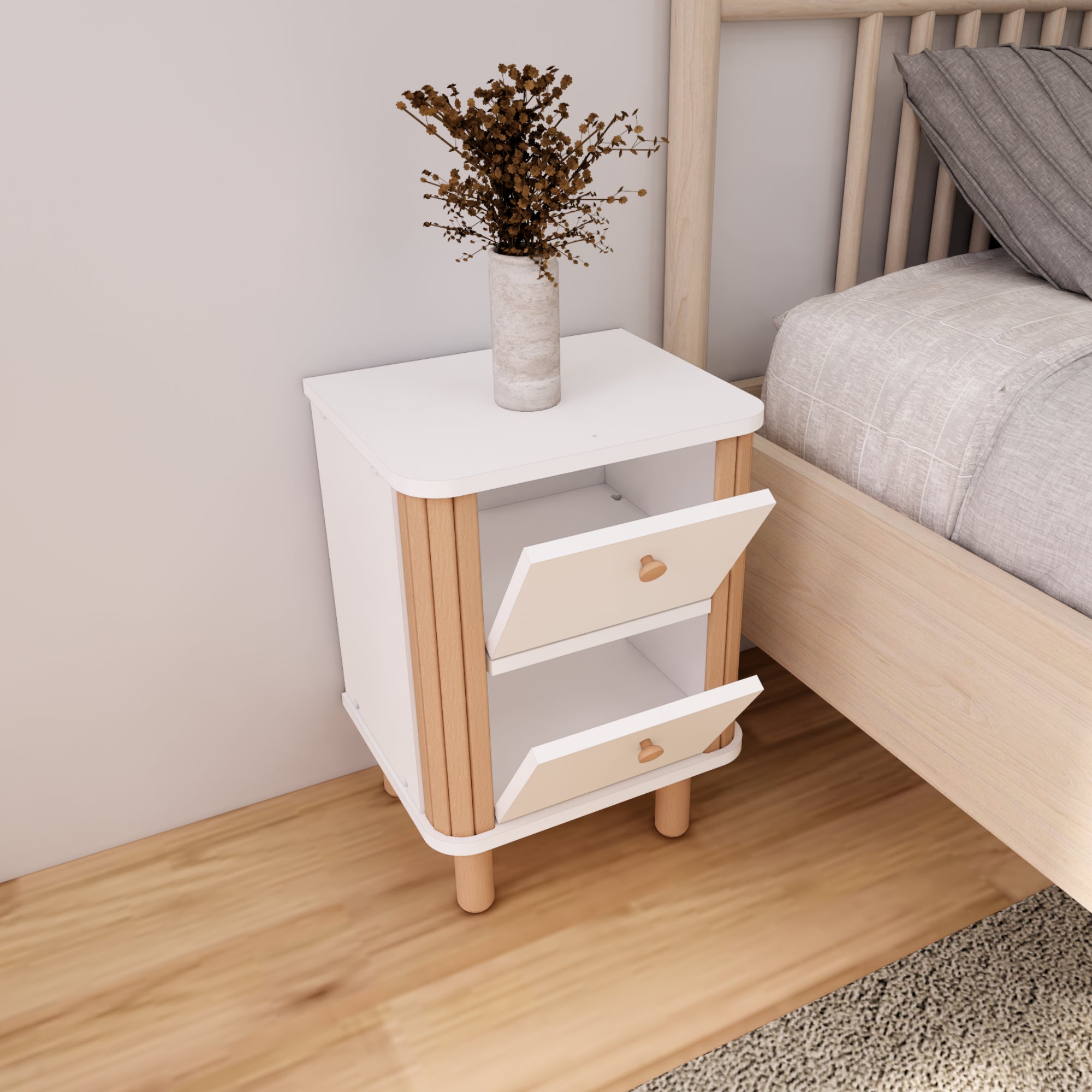 French Bohemian Nightstand | MDF & Beech Wood, 2-Drawer Modern Side Table | 42x46x62 cm
