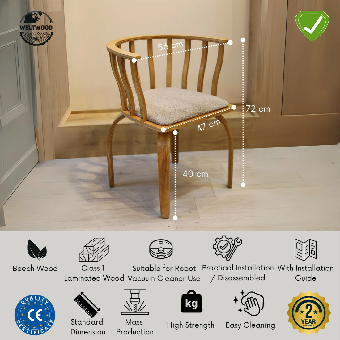 French Design Chair Set (2pcs) | 47cm Seat Height, Comfortable Wooden Dining and Study Chair