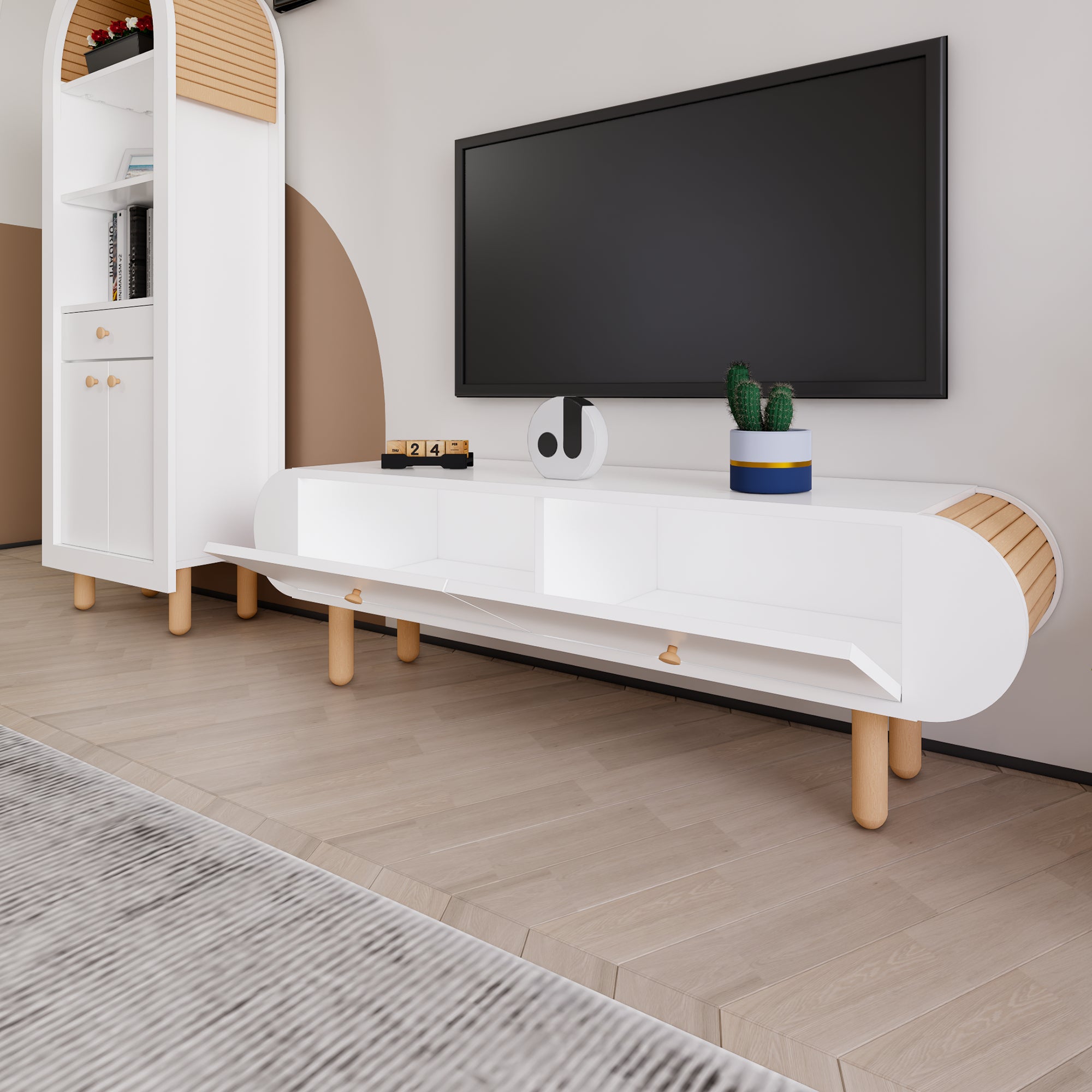 Italian Modern Boho TV Stand | 146x44cm Premium MDF & Beech Wood Media Console