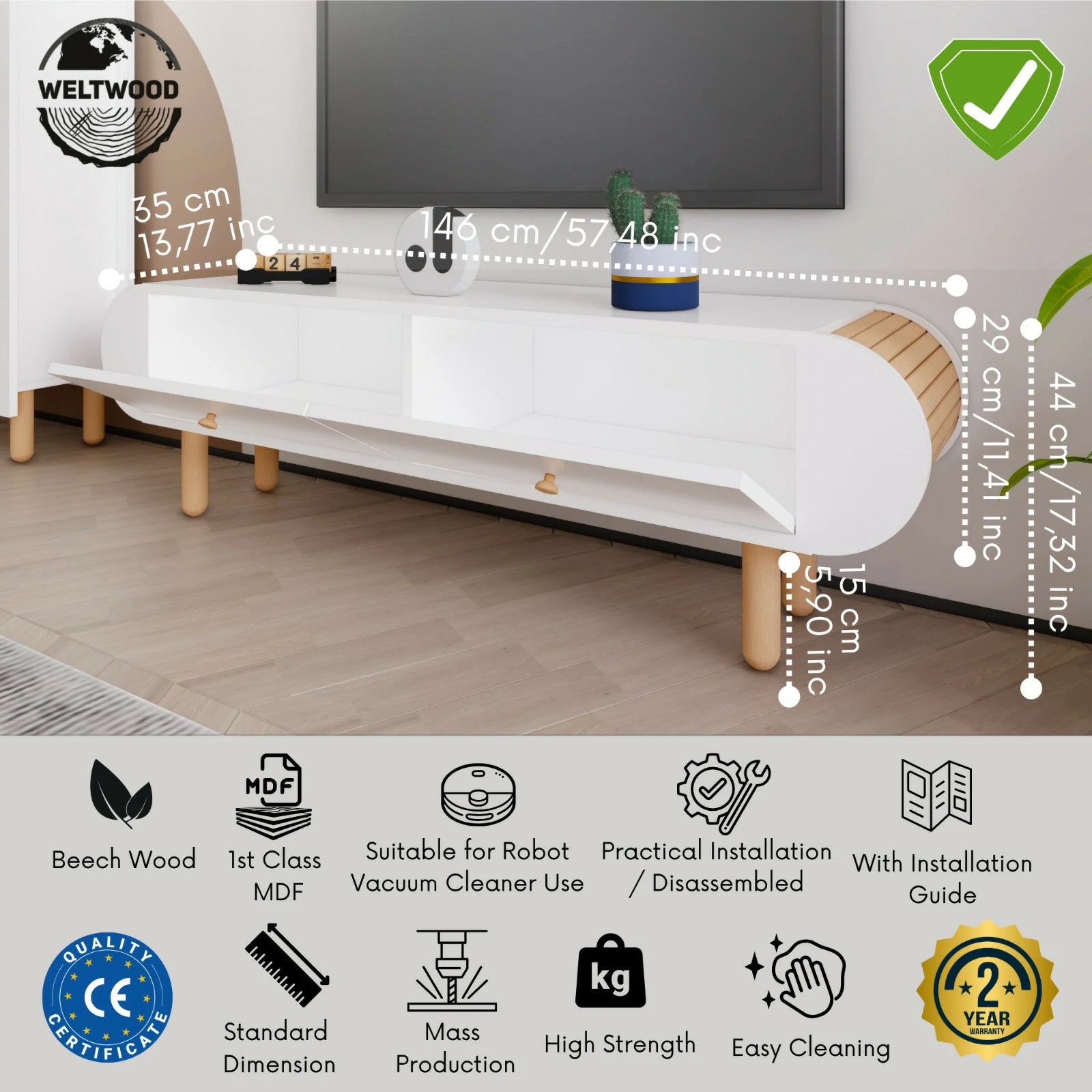 Italian Modern Boho TV Stand | 146x44cm Premium MDF & Beech Wood Media Console
