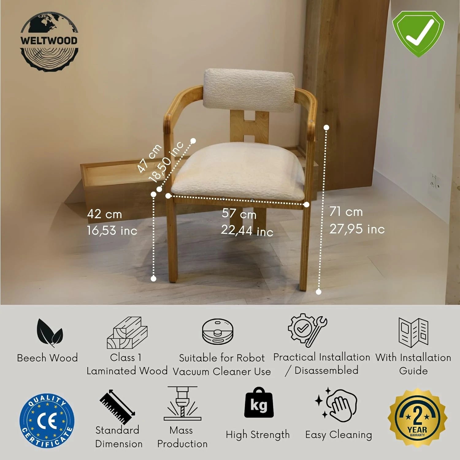 Scandinavian Design Chair Set (2 Pcs) | Comfortable Upholstered Seat, Beech Wood Frame | 71x57cm