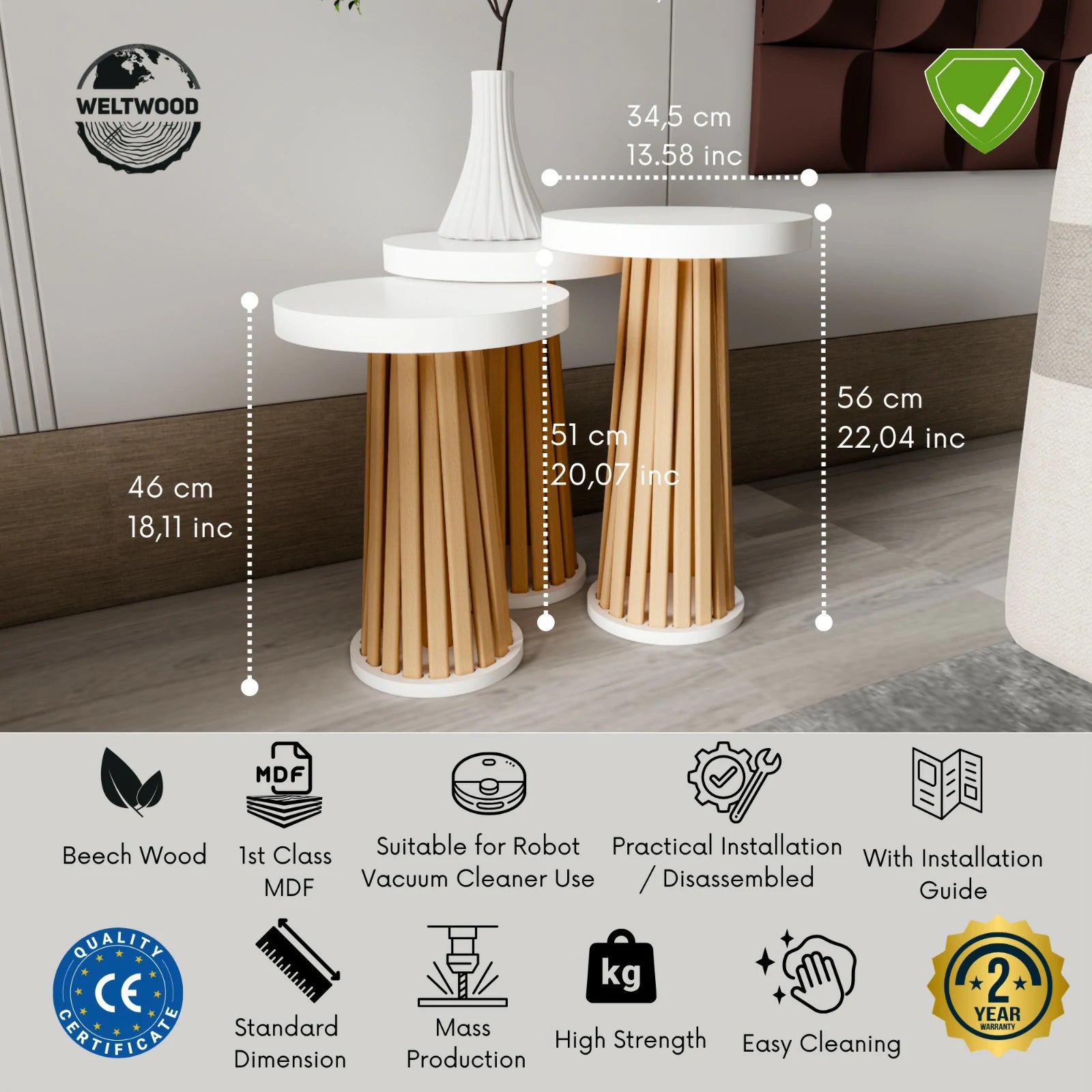 Mantar 3-Piece Nesting Table Set | Side Table | Modern Beech Slat, 36mm MDF Top | Interlocking Round Side Tables