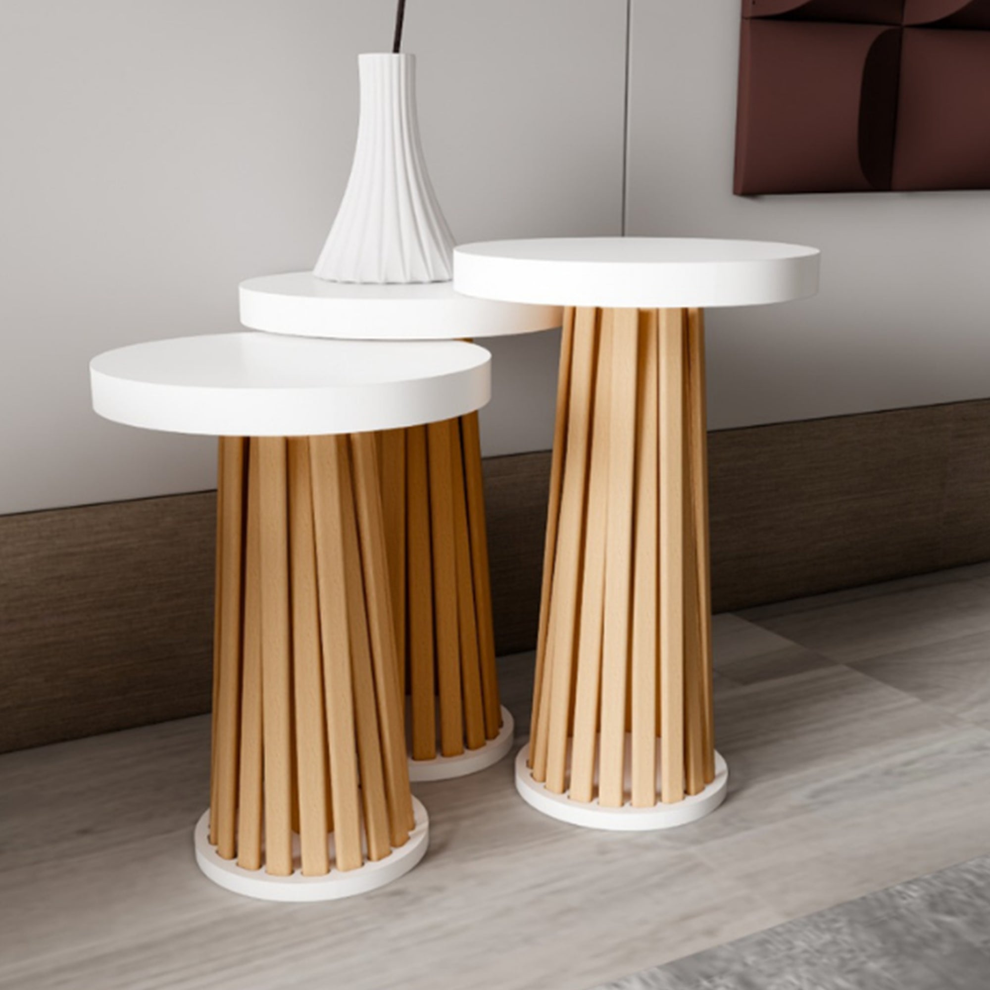 Mantar 3-Piece Nesting Table Set | Side Table | Modern Beech Slat, 36mm MDF Top | Interlocking Round Side Tables