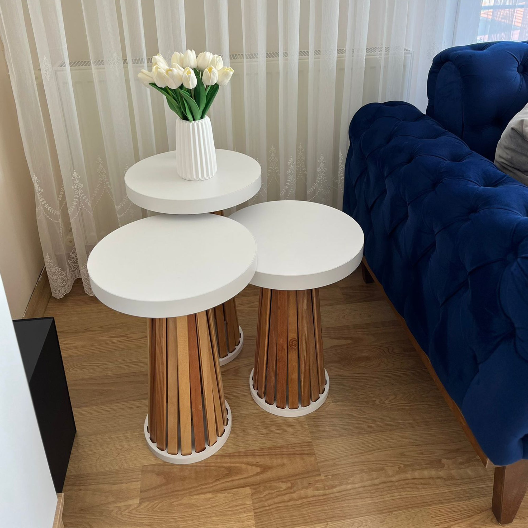 Mantar 3-Piece Nesting Table Set | Side Table | Modern Beech Slat, 36mm MDF Top | Interlocking Round Side Tables