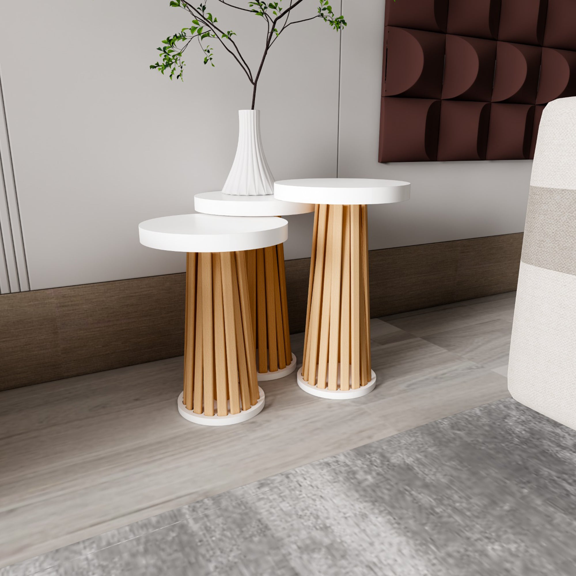 Mantar 3-Piece Nesting Table Set | Side Table | Modern Beech Slat, 36mm MDF Top | Interlocking Round Side Tables