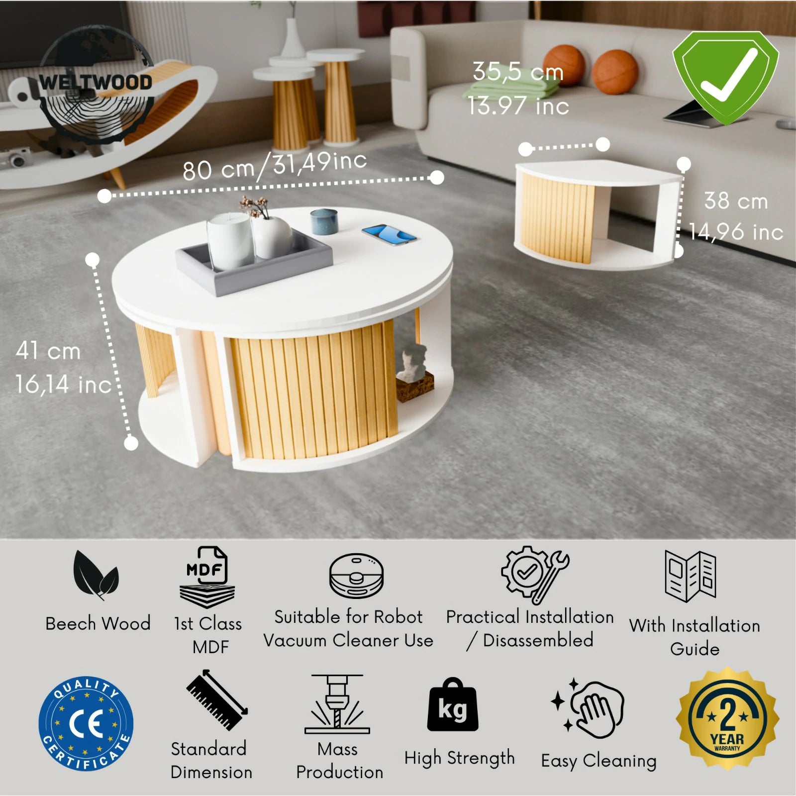 Scandinavian E Series 4-in-1 Coffee Table Set | Middle Table | Rotating Mechanism, 3 Nesting Tables, MDF & Beech Wood