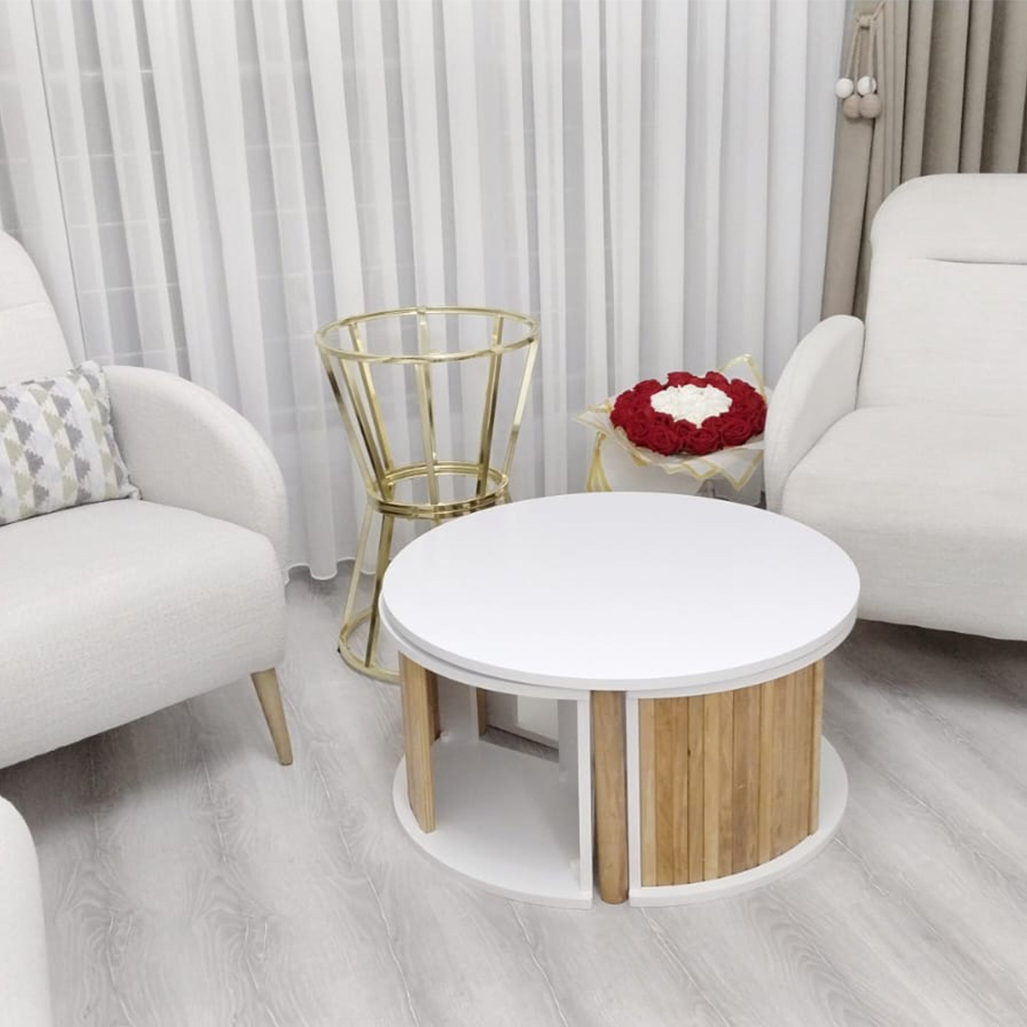 Scandinavian E Series 4-in-1 Coffee Table Set | Middle Table | Rotating Mechanism, 3 Nesting Tables, MDF & Beech Wood