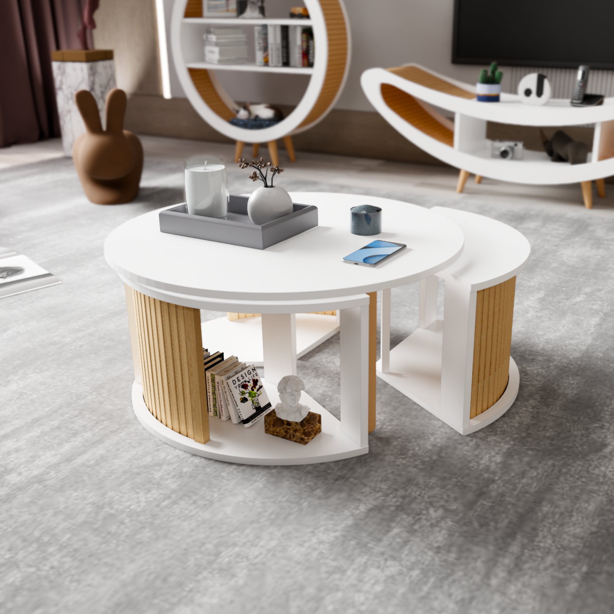 Scandinavian E Series 4-in-1 Coffee Table Set | Middle Table | Rotating Mechanism, 3 Nesting Tables, MDF & Beech Wood