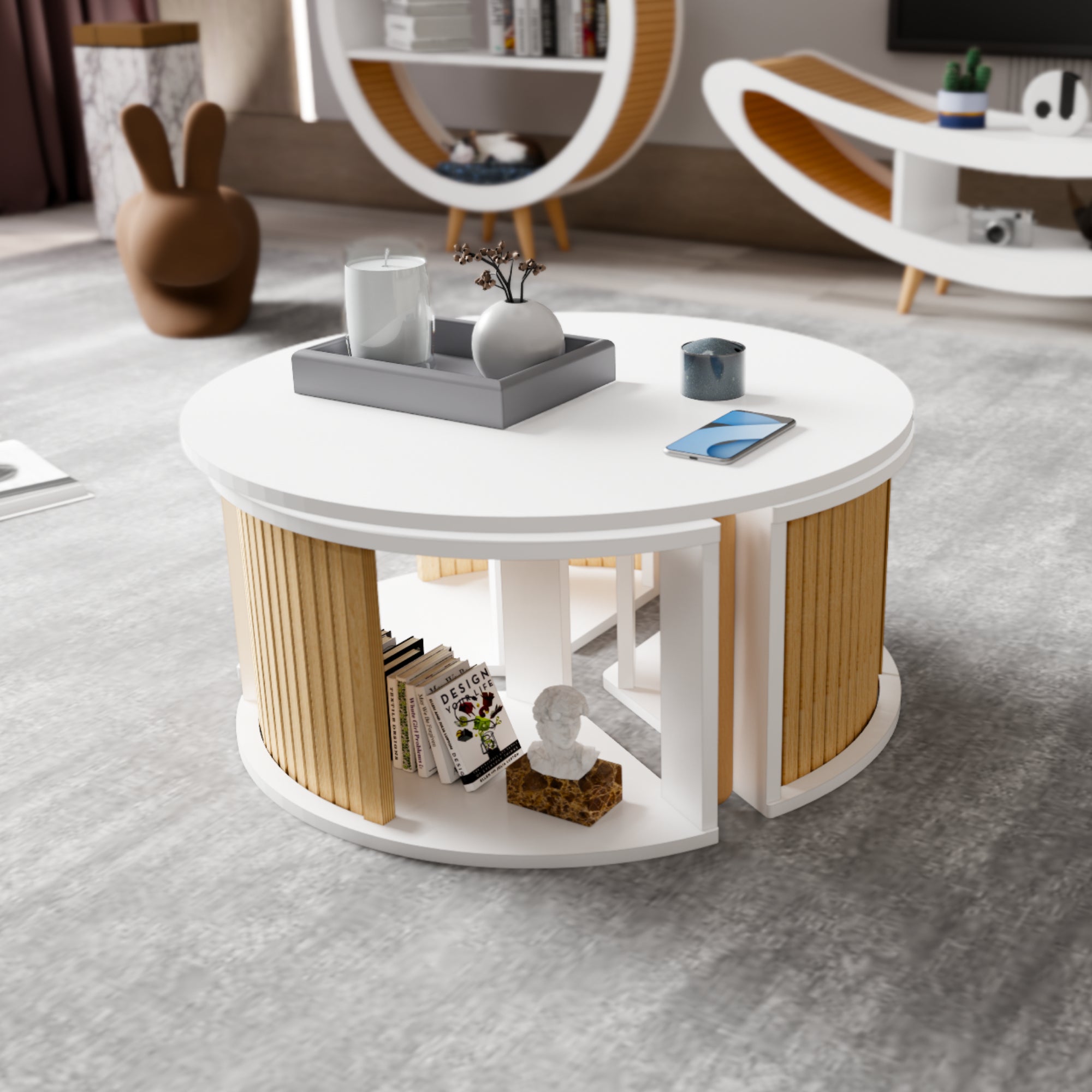 Scandinavian E Series 4-in-1 Coffee Table Set | Middle Table | Rotating Mechanism, 3 Nesting Tables, MDF & Beech Wood