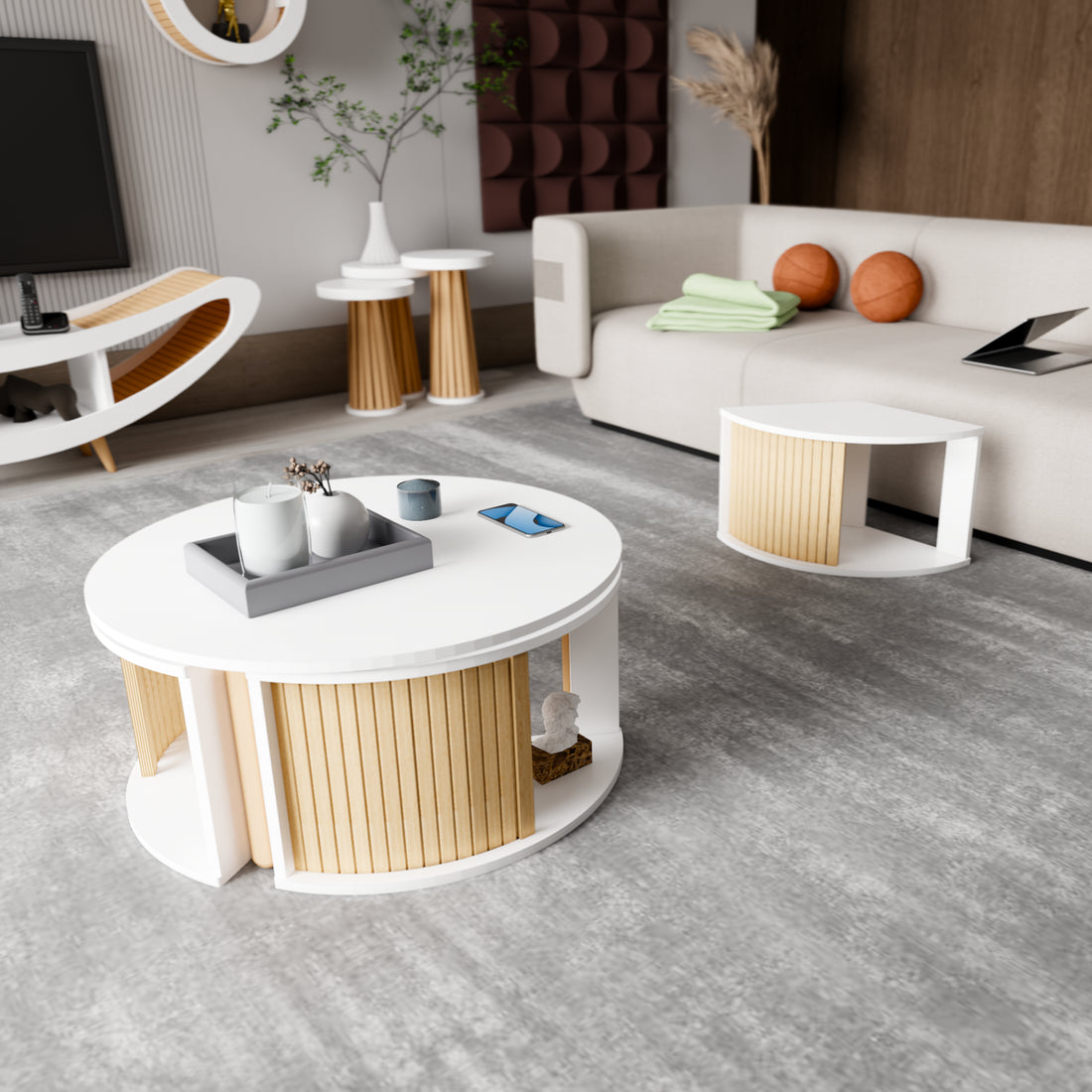Scandinavian E Series 4-in-1 Coffee Table Set | Middle Table | Rotating Mechanism, 3 Nesting Tables, MDF & Beech Wood