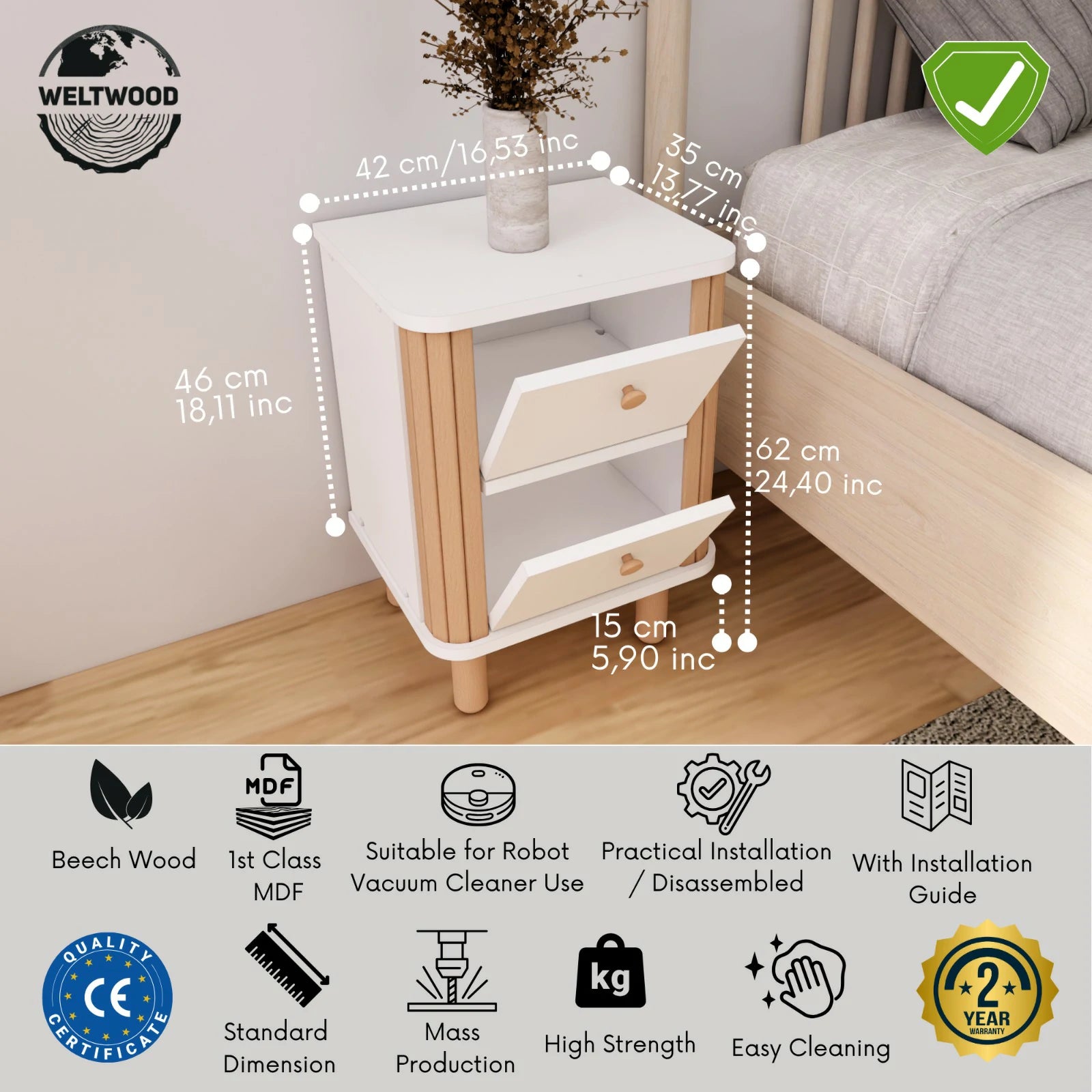 French Bohemian Nightstand | MDF & Beech Wood, 2-Drawer Modern Side Table | 42x46x62 cm