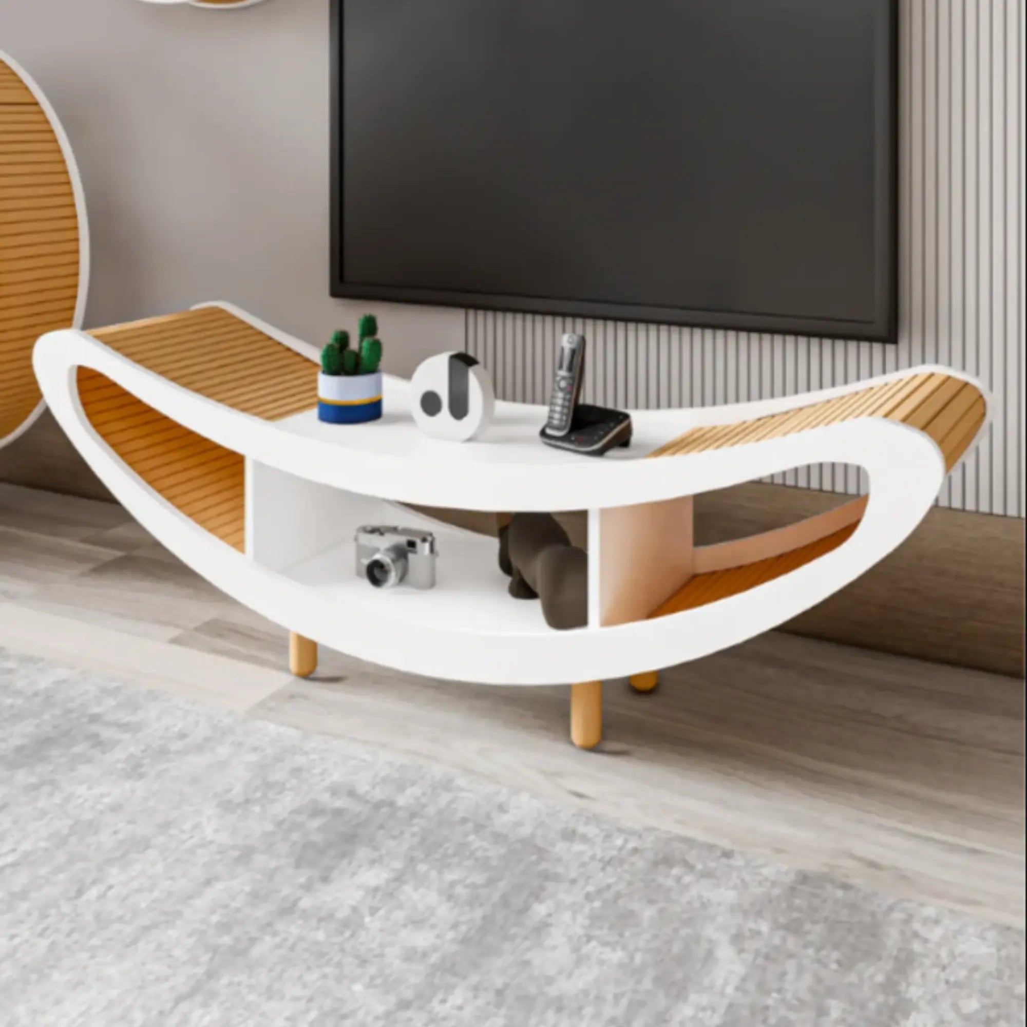 Scandinavian Modern TV Stand with Solid Beech Slats, MDF Body in White or Sapphire Oak – 160x40x56 cm, Stylish & Functional Media Console