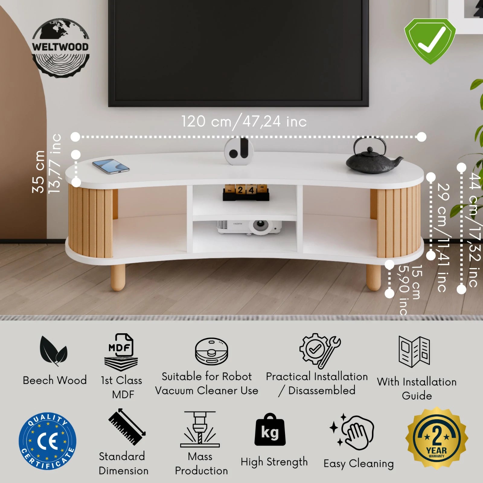 Tokyo Modern Boho TV Stand | 120x44cm Premium MDF & Beech Wood Media Console