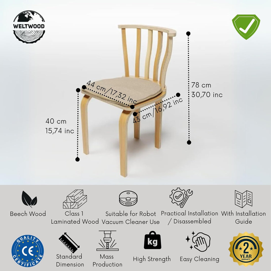Italian Bohemian Chair Set (2pcs) | Laminated Beech Wood, 78cm Height, Modern & Sturdy Dining Chair