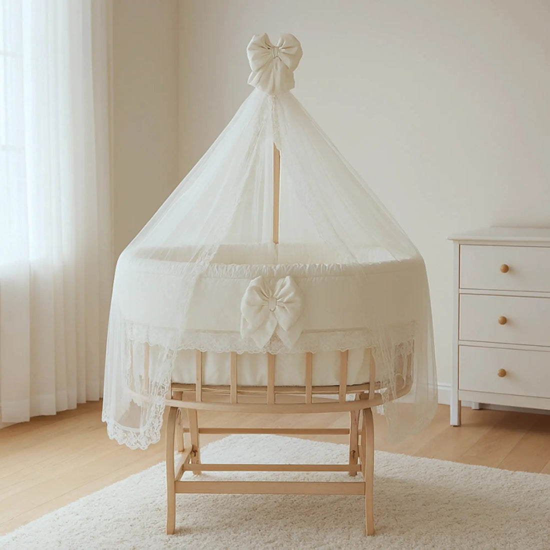Amedan Natural Wooden 0–2 Years Baby Bassinet with Basket and Cream French Lace Bedding Set