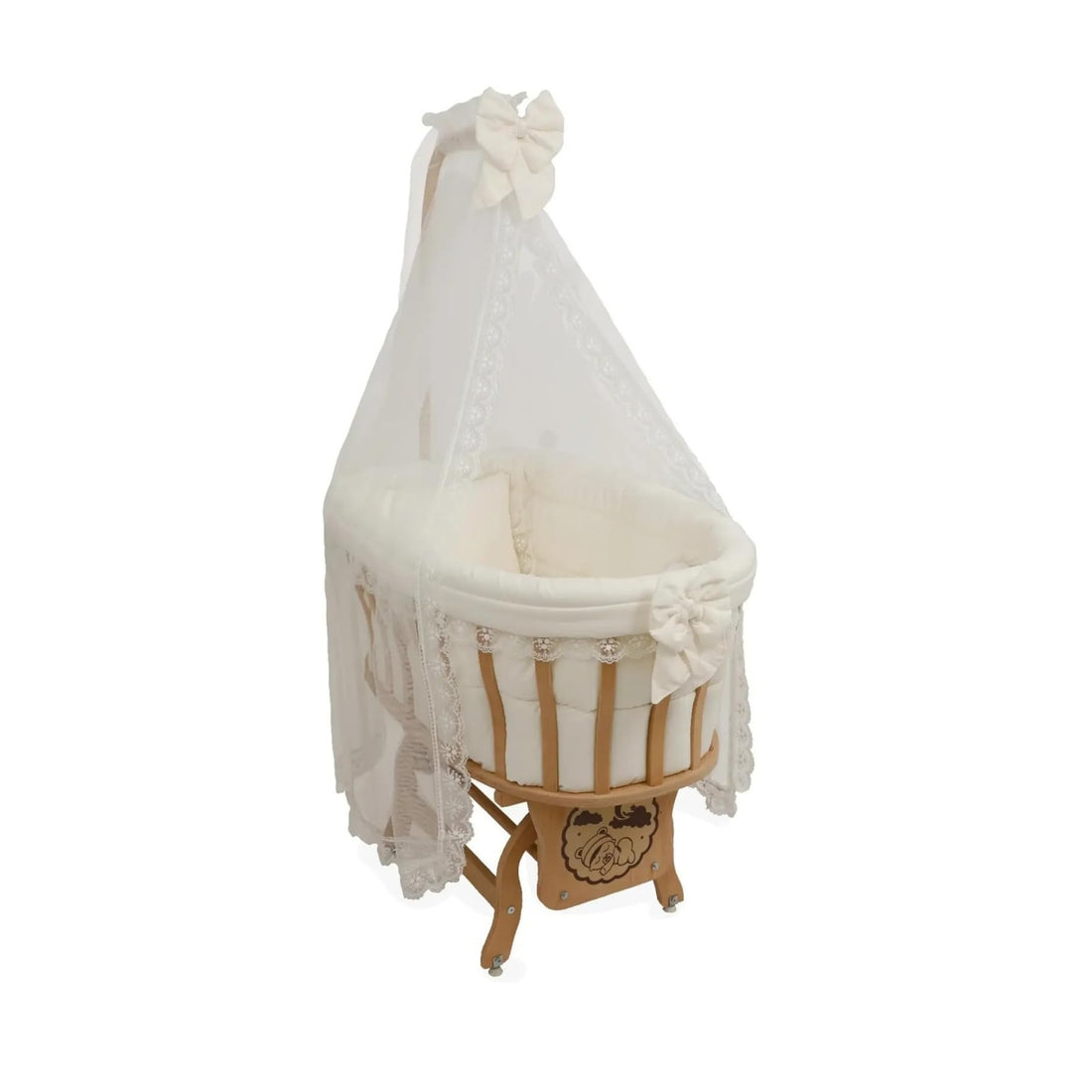 Basket Crib Baby Bassinet with Canopy, Cream French Lace Sleep Set, Natural Beech Wood Cradle with Rocking & Locking Function, Includes Mattress, Bedding, Pillow, Bumper & Mosquito Net (0-12 Months)