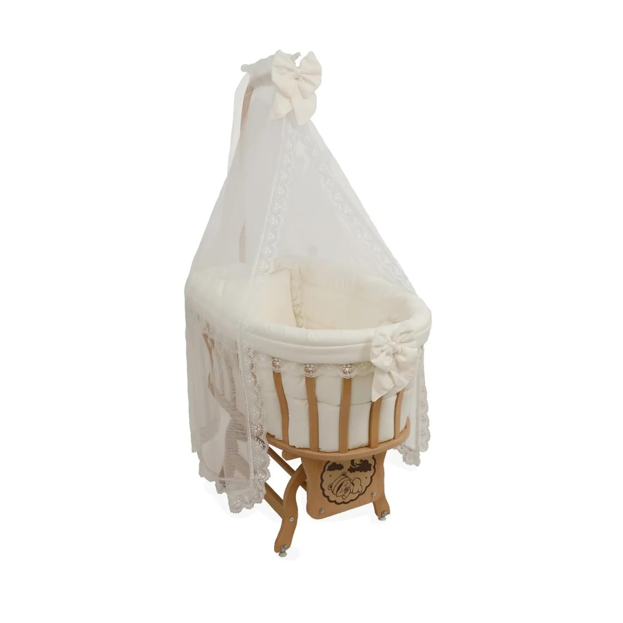 Basket Crib Baby Bassinet with Canopy, Cream French Lace Sleep Set, Natural Beech Wood Cradle with Rocking & Locking Function, Includes Mattress, Bedding, Pillow, Bumper & Mosquito Net (0-12 Months)