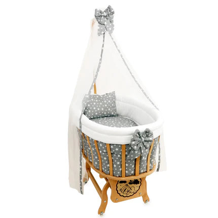 Natural Wooden 0–1 Year Bassinet with Basket and Colorful Bedding Set